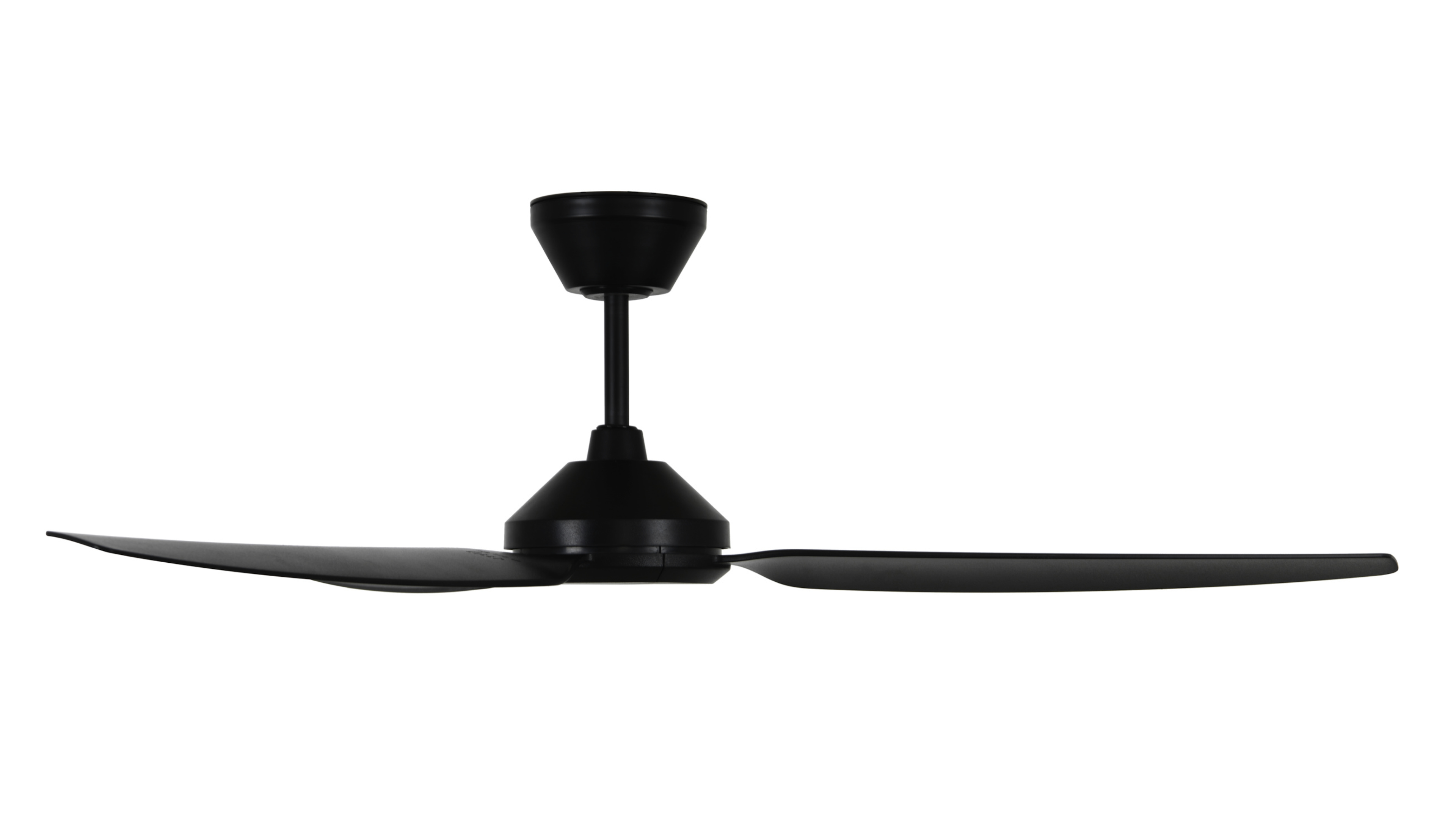 Schwarzer Deckenventilator mit zwei Flügeln. Es hat ein schlankes, minimalistisches Design. Weißer Hintergrund.