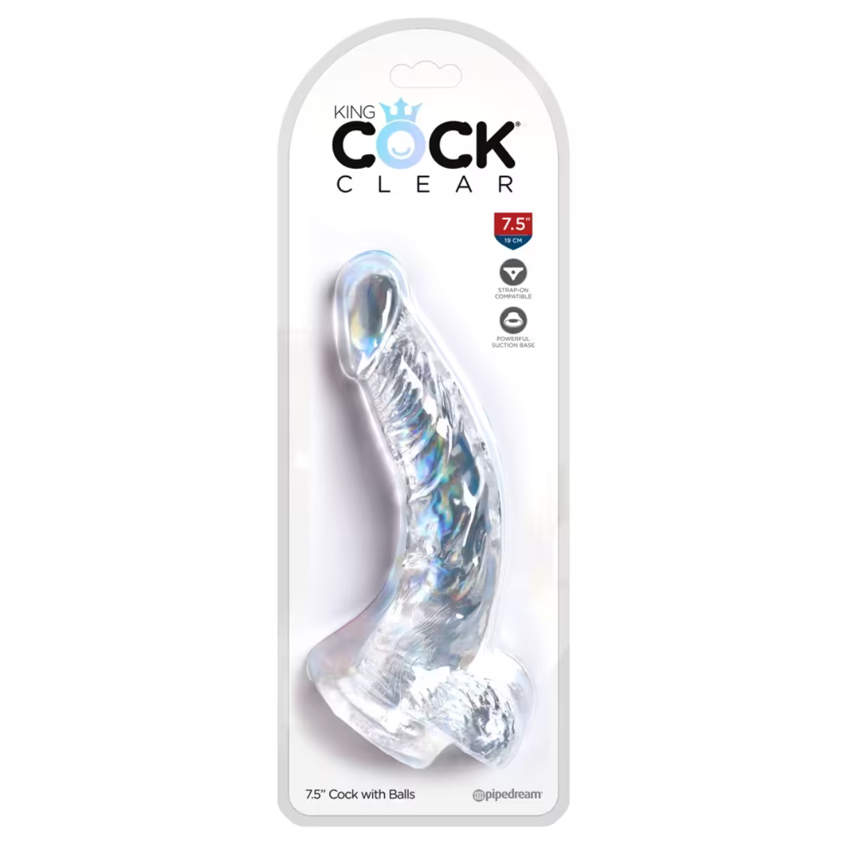 Transparenter Dildo in Verpackung. Klares Plastik, gebogene Form, mit bauchiger Basis und gerilltem Schaft.
