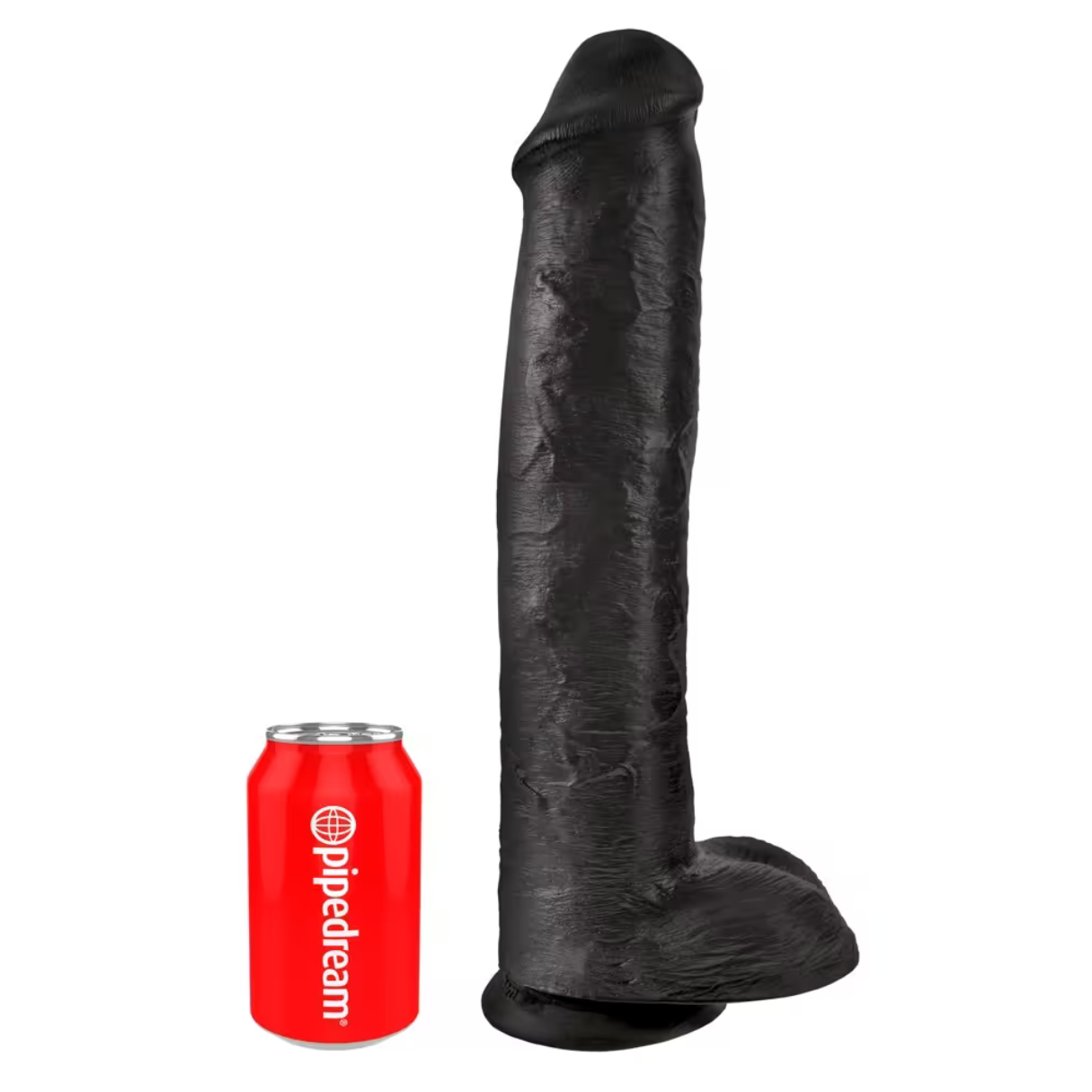 Un dildo negro grande junto a una lata roja de soda 'pipedream'.
