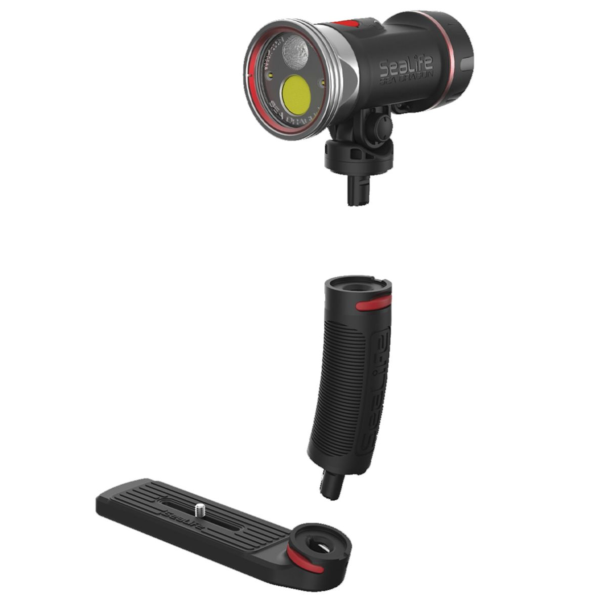Unterwasser-Licht-Kit. Komponenten umfassen ein Licht, einen Griff und eine Basis für eine Kamera.