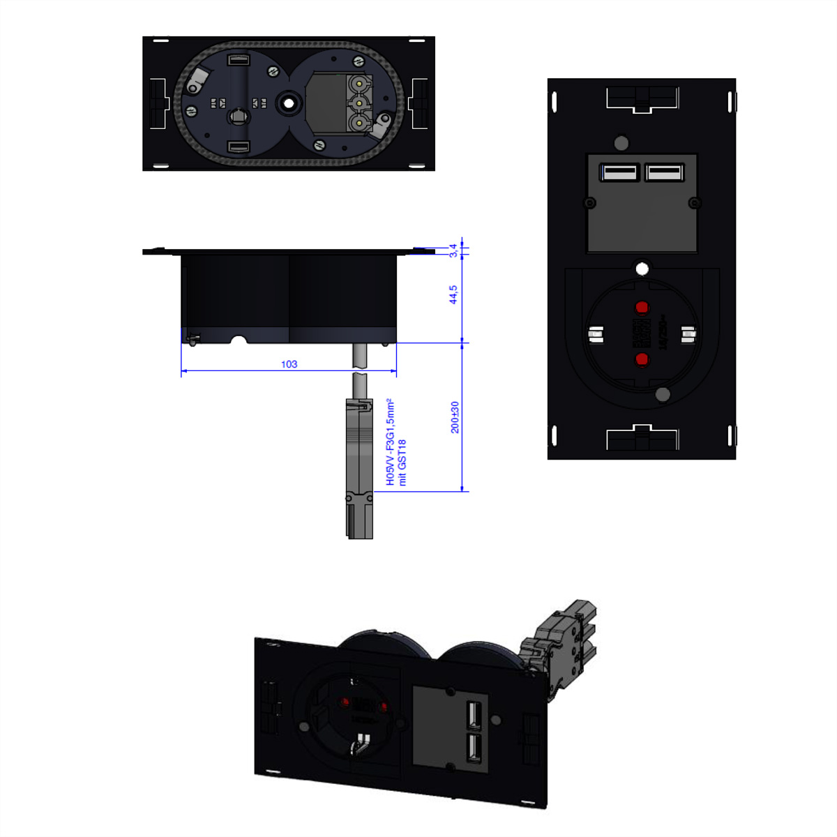 Technische Zeichnung einer Steckdose mit USB-Anschlüssen. Zeigt Ansichten von oben, Seite und Winkel.