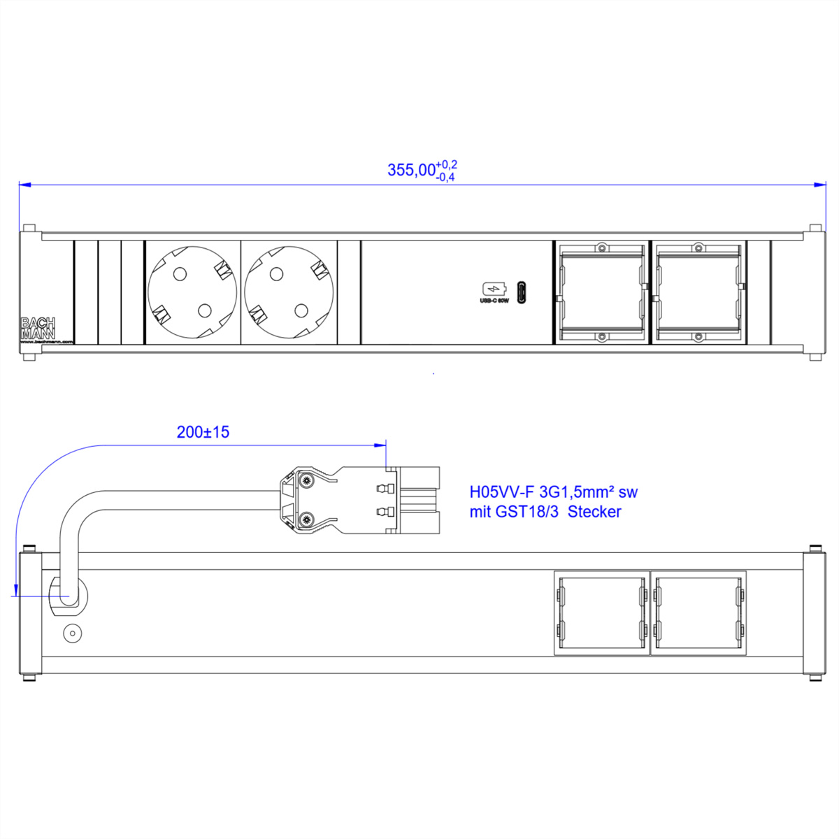 Technische Zeichnung einer Steckdosenleiste mit mehreren Steckdosen und einem USB-C-Anschluss, mit Maßen.