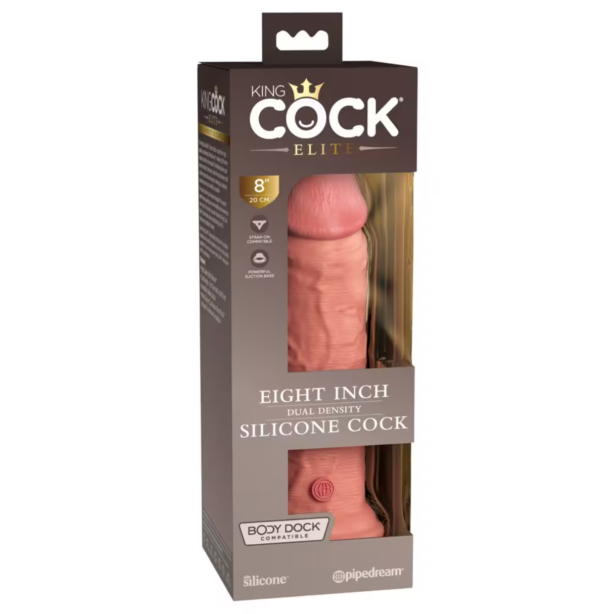Ein pinkfarbener Silikon-Dildo in einer Box, beschriftet mit 'King Cock Elite'. Text lautet 'Eight Inch Dual Density Silicone Cock'.