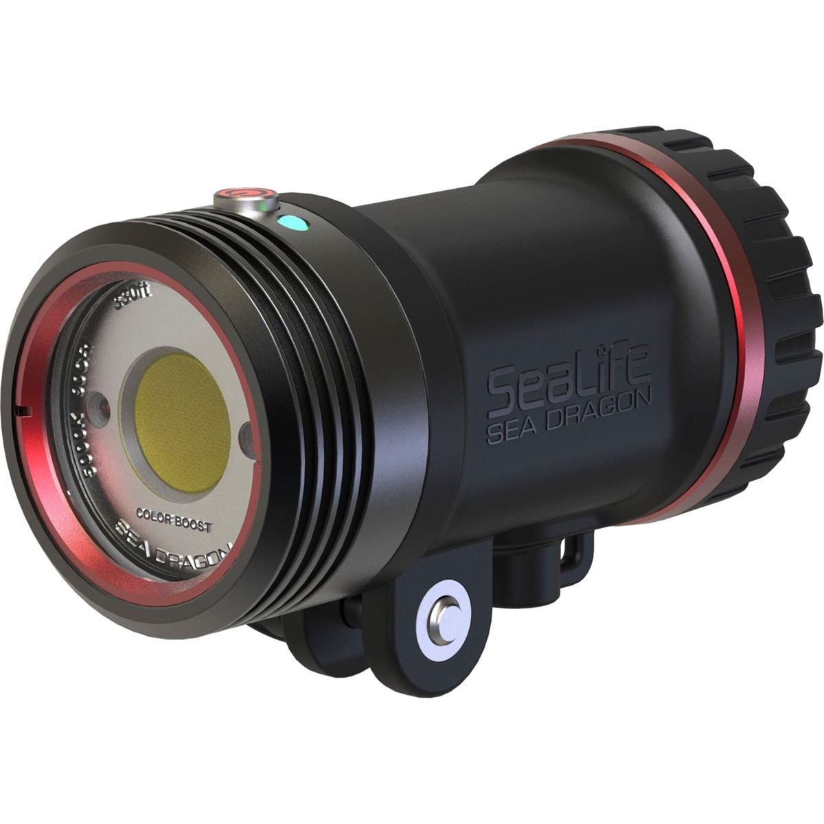 Schwarz-rote Unterwasser-Tauchlampe mit großem Objektiv. Die Lampe hat das SeaLife-Logo.