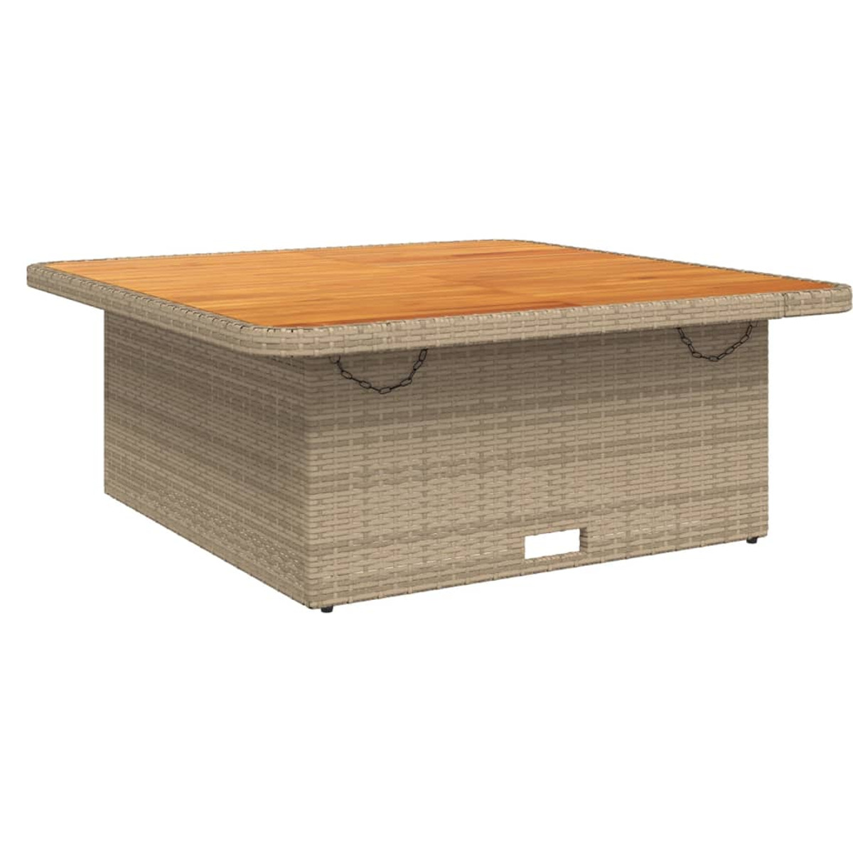 Quadratischer Korbtisch mit Holzplatte. Helle braune Farbe auf weißem Hintergrund.