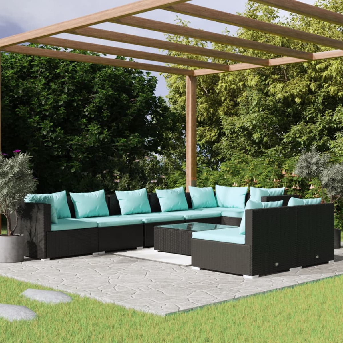 Gartenmöbel-Set mit schwarzem Rahmen und türkisfarbenen Kissen auf einer Steinterrasse.