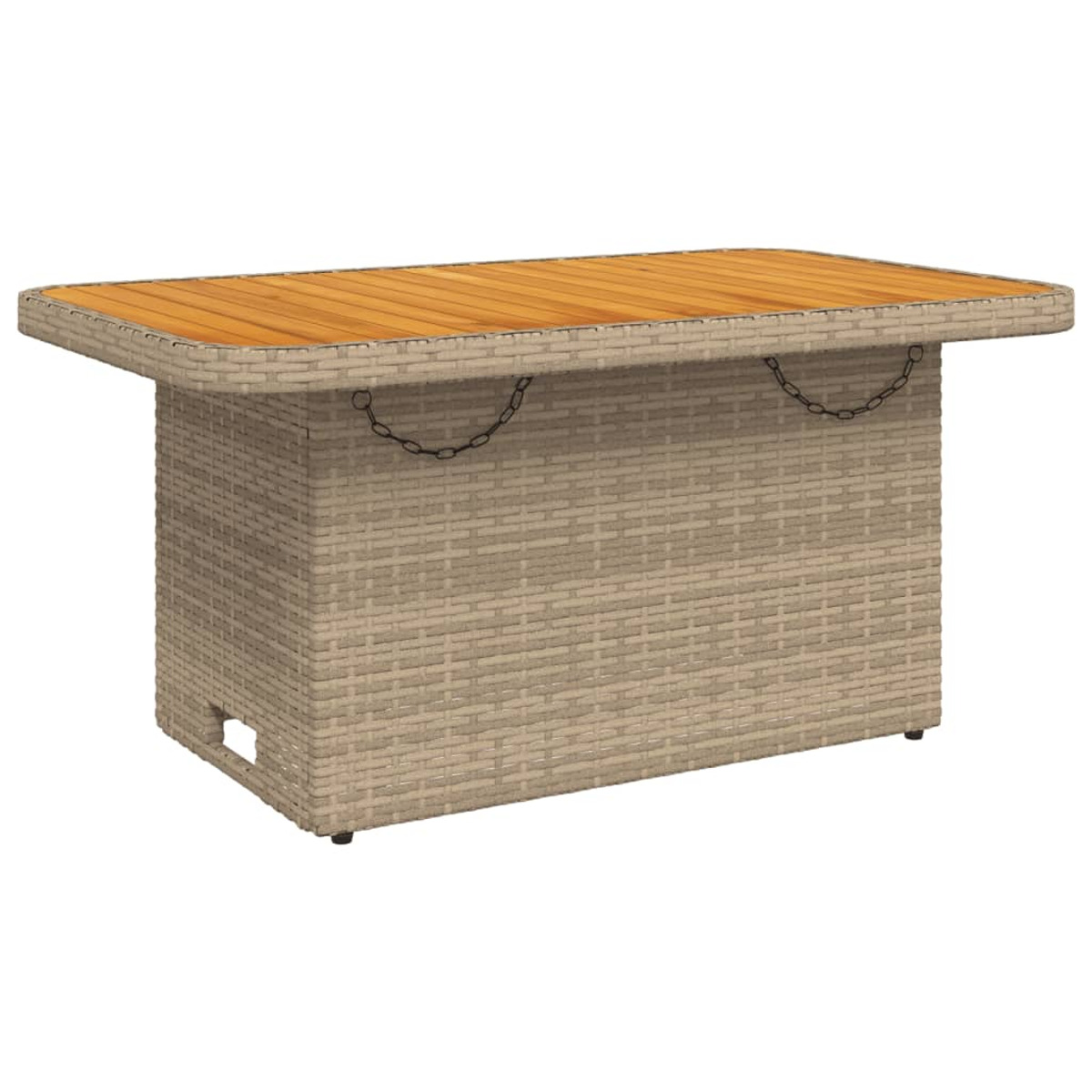 Wicker-Tisch mit Holzplatte. Enthält einen quadratischen Sockel und eine rechteckige Platte.