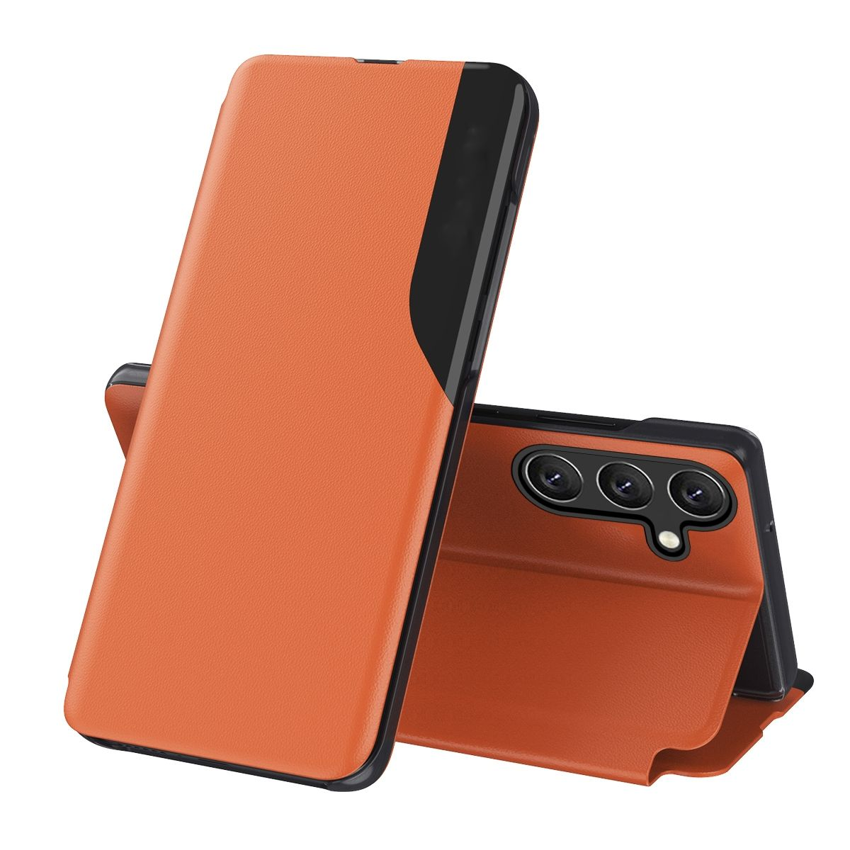 Orangefarbene Handyhülle mit schwarzer oberer Platte. Die Hülle steht offen und zeigt das Handy.