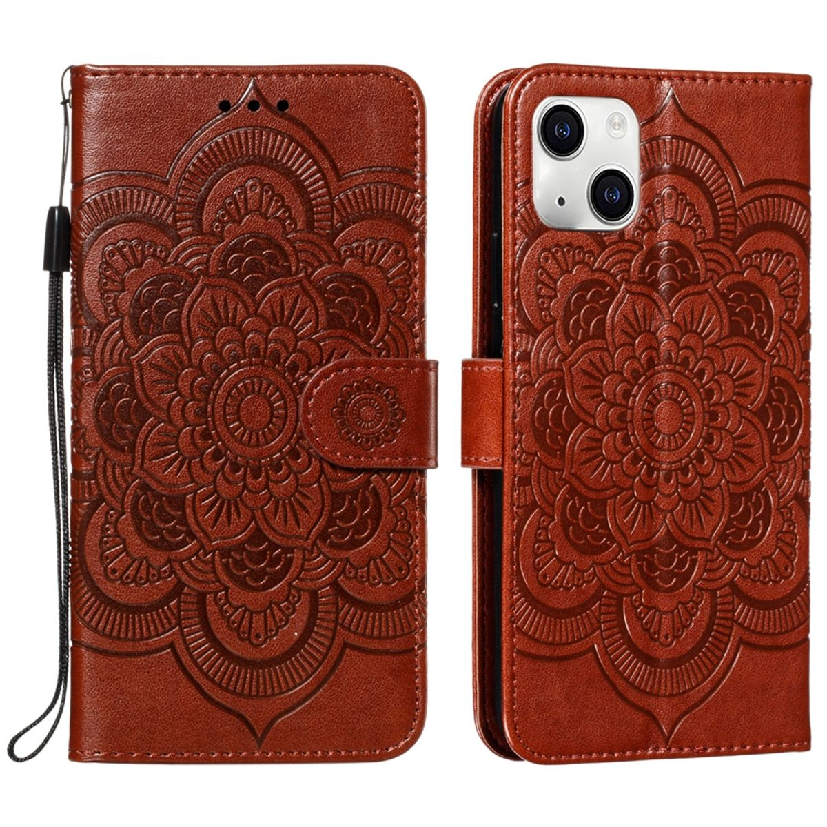 Braune Leder-Handyhülle mit floralem Design. Geöffnet, Telefon zeigend. Riemen an der Seite.