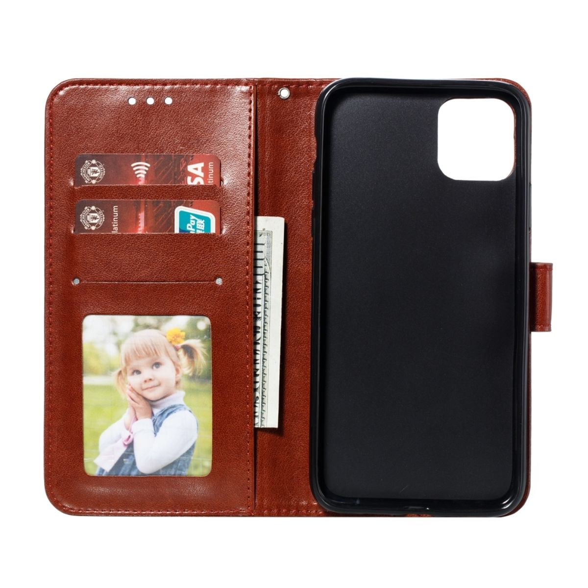 Braune Leder-Handyhülle mit Kartenfächern, Bild und Telefonhalterung.