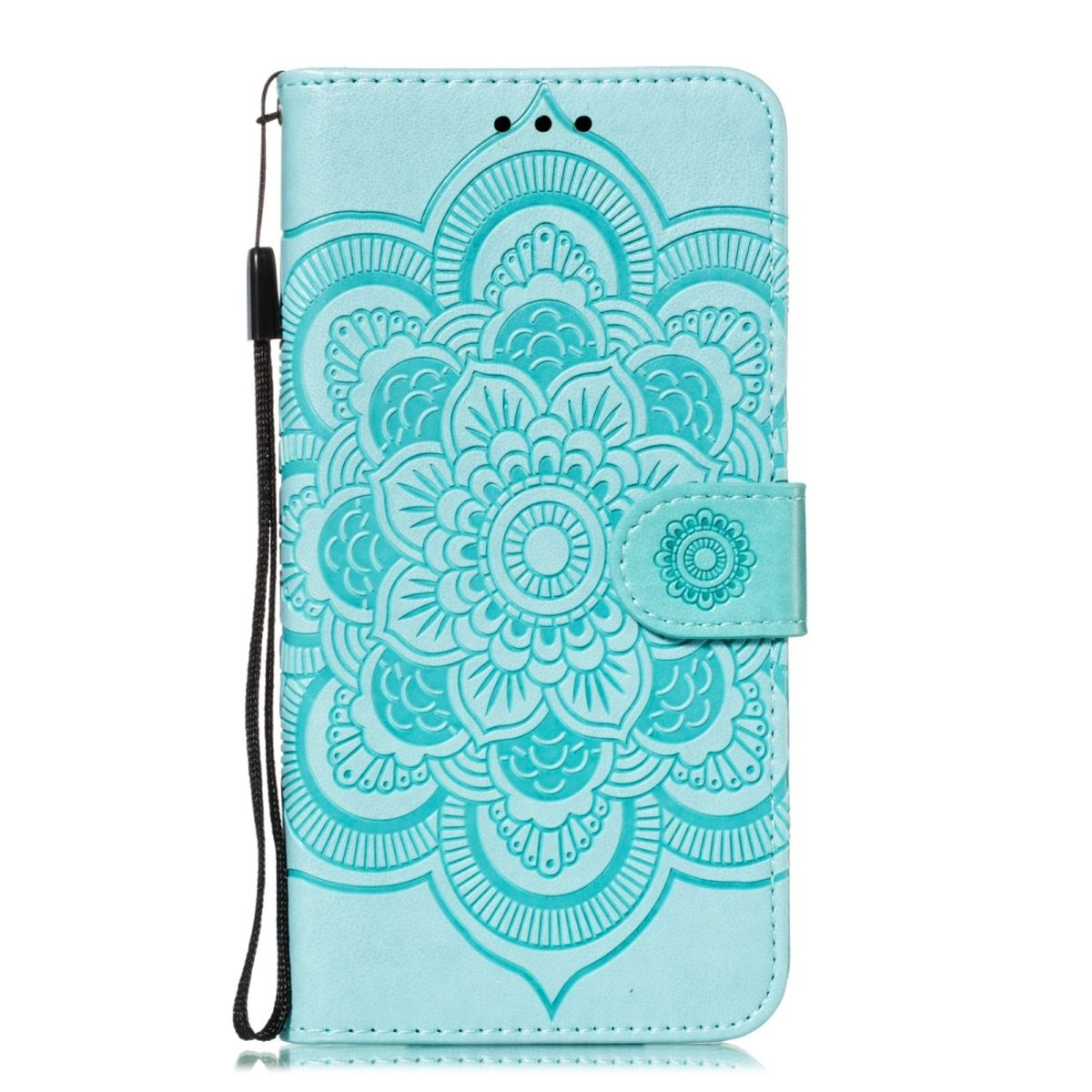 Blaue Handyhülle mit floralem Design und Trageriemen. Das Design ist erhaben.