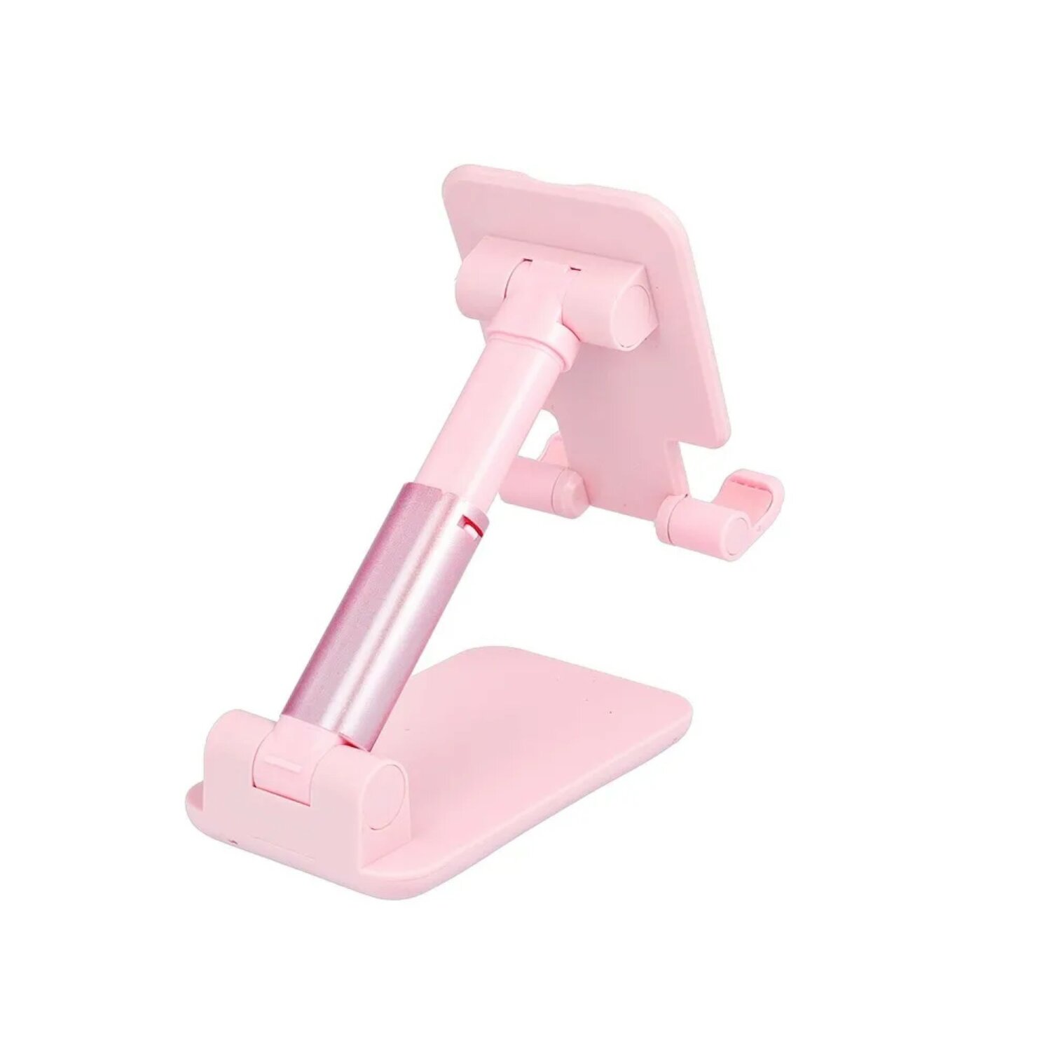 Ein rosa Telefonständer mit rosa Basis und verstellbarem Arm, weißer Hintergrund.
