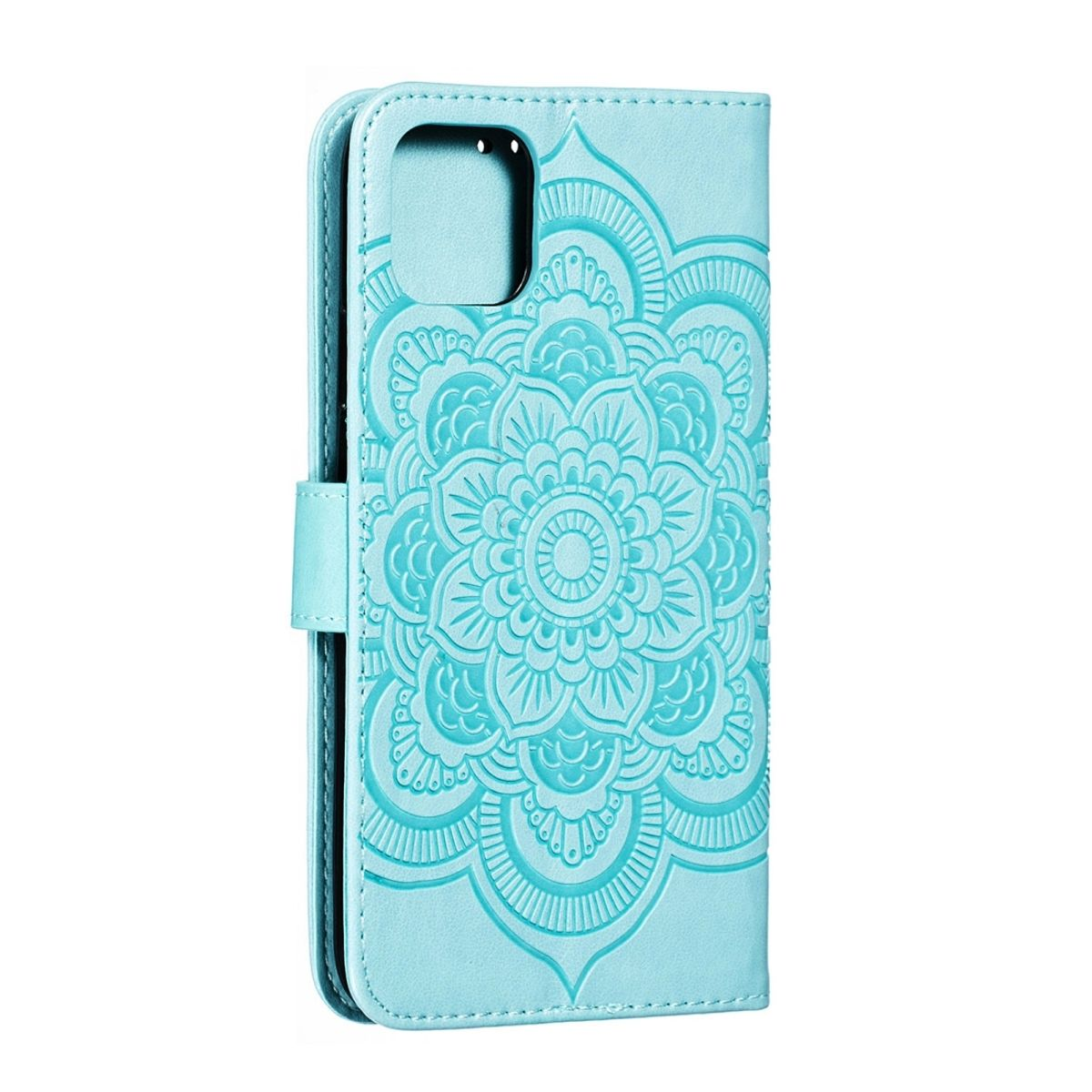 Hellblaue Handyhülle mit floralem Design. Weißer Hintergrund.