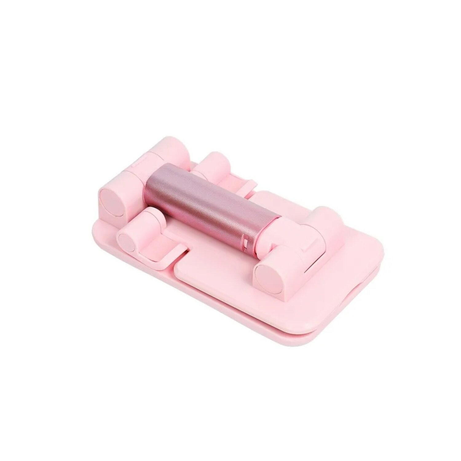 Faltbarer rosa Telefonständer mit metallisch rosa Zylinder.