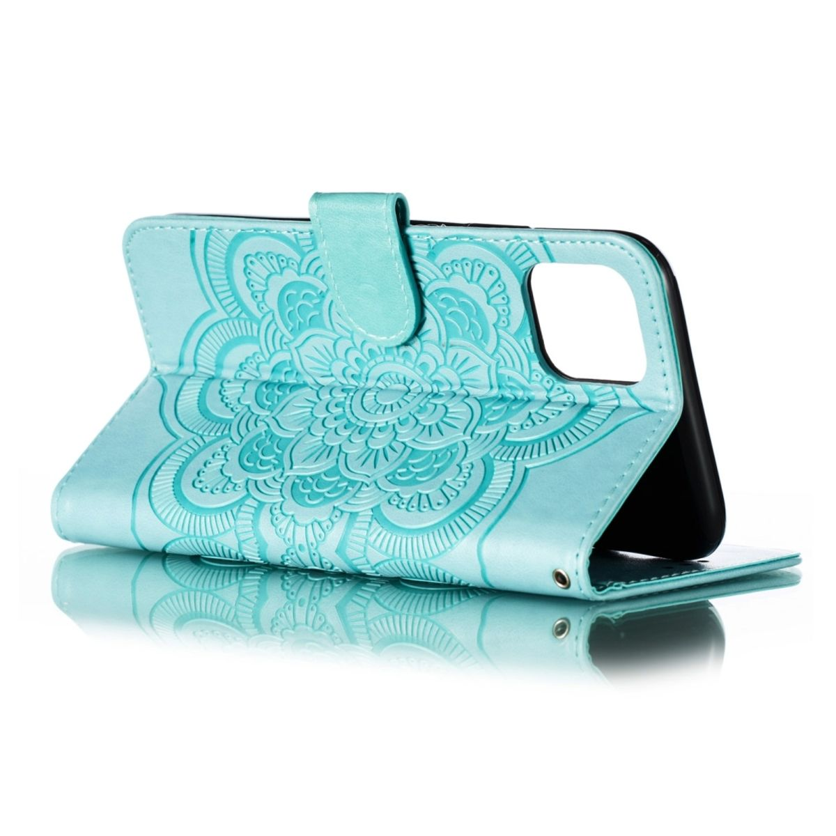 Hellblaue Handyhülle, offen, mit floralem Design.