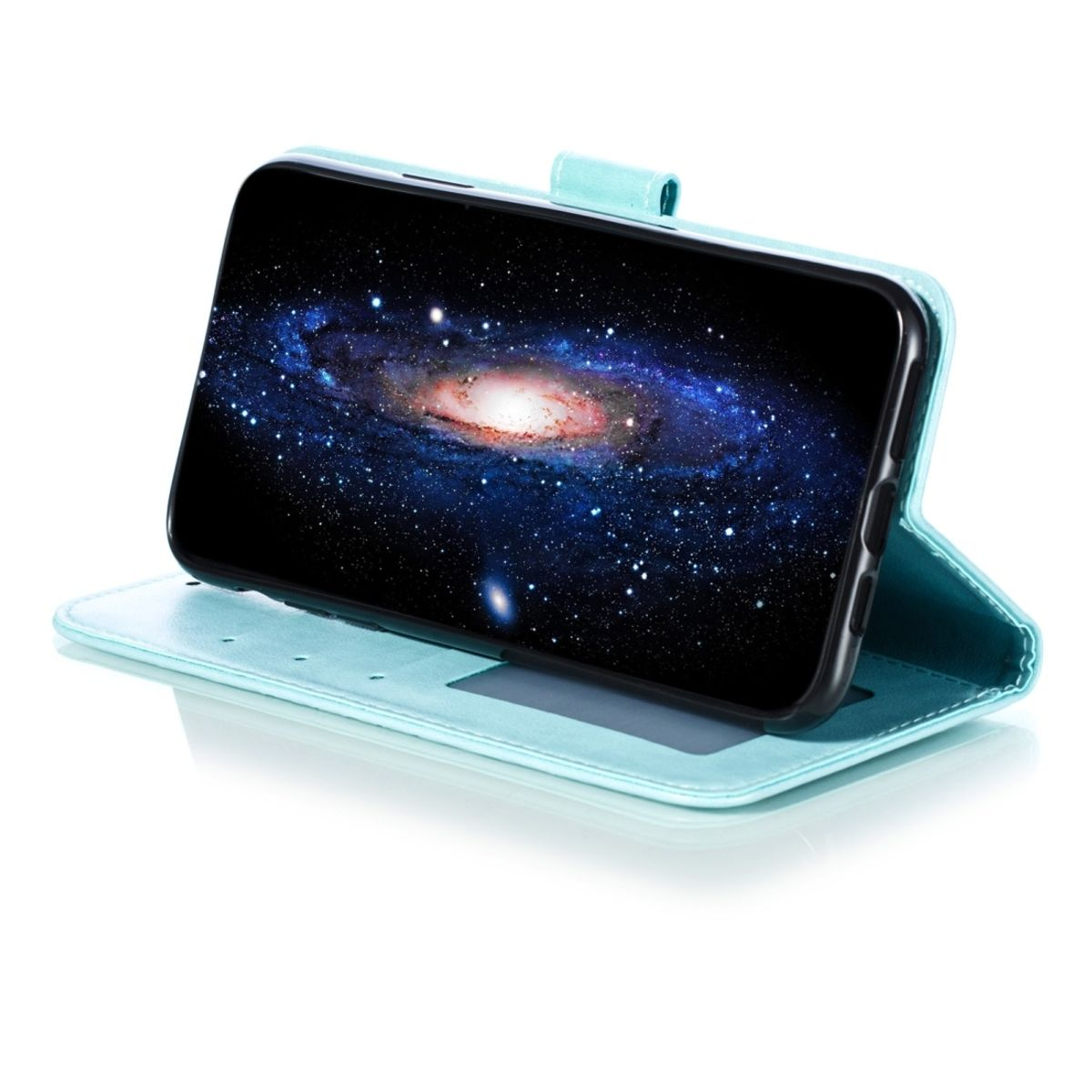 Telefon in blauem Gehäuse zeigt ein Galaxienbild. Das Gehäuse ist offen.