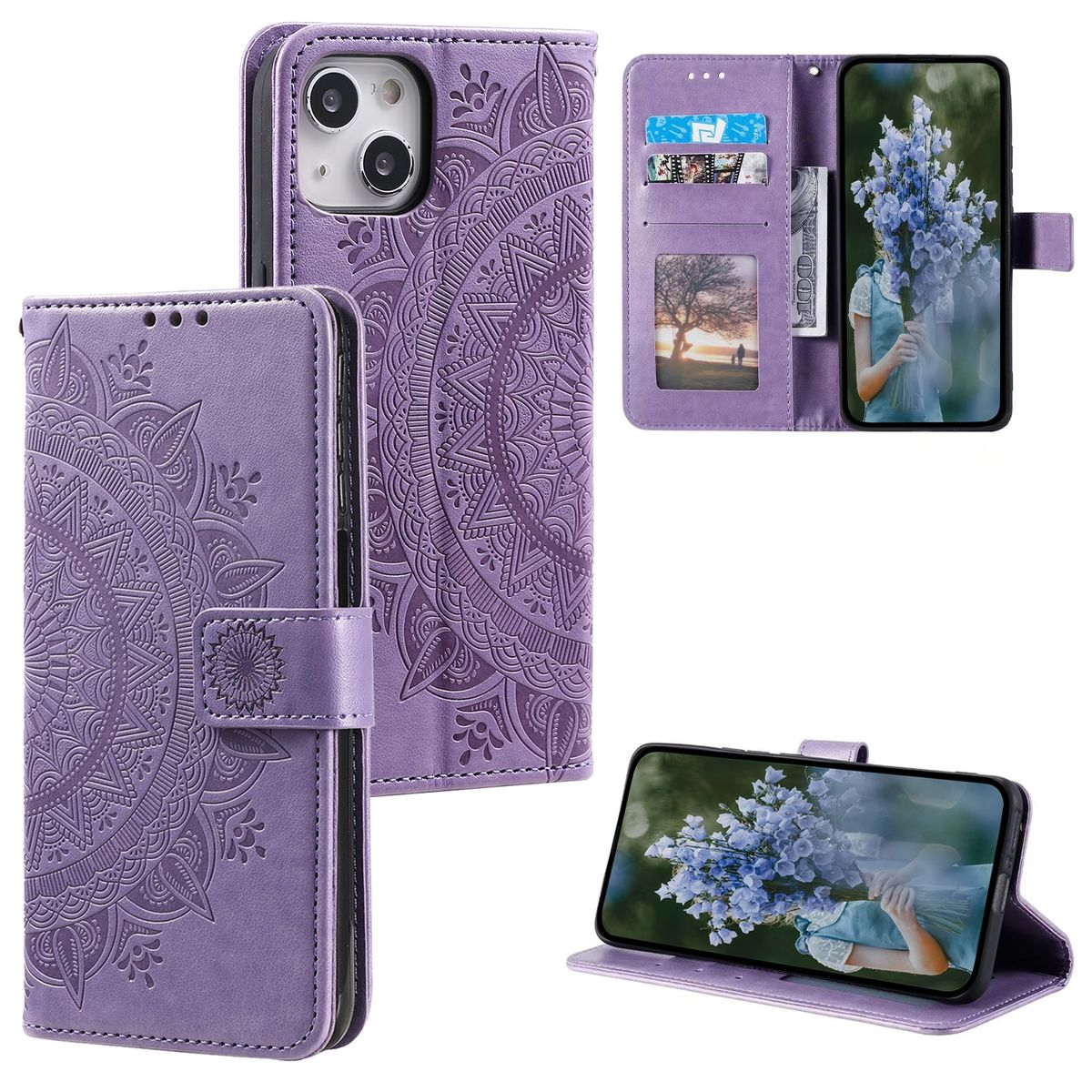 Lila Handyhülle mit Mandala-Design. Sie hat Kartenfächer und eine Ständerfunktion.