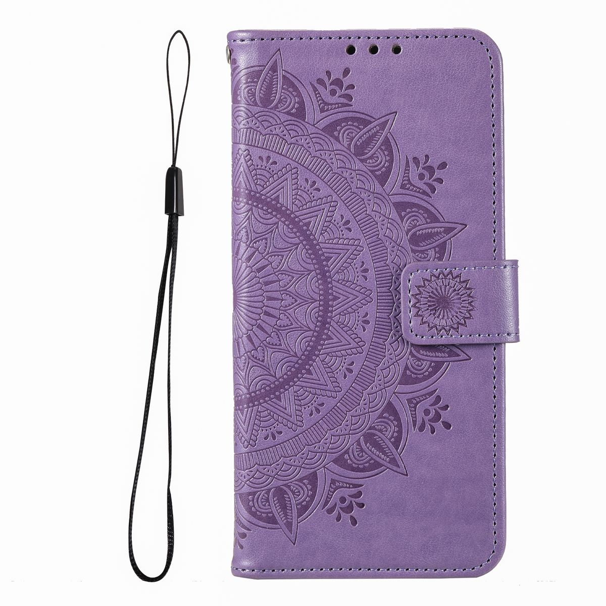 Eine lila Handyhülle mit Mandala-Design. Es hat einen Riemen und einen Verschluss.