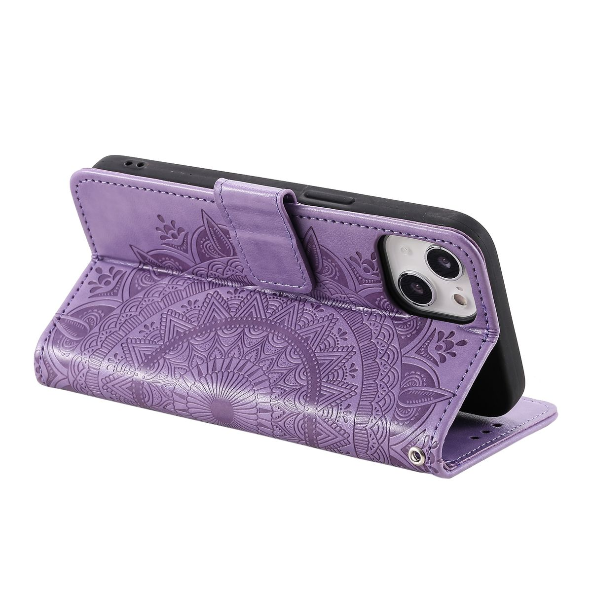 Lila Handyhülle mit Mandala-Design. Geöffnet, zeigt ein Telefon, die Hülle hat einen Riemen.
