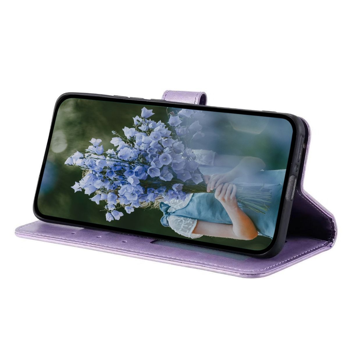 Telefon in einer lila Brieftasche, die ein Blumenbild zeigt.