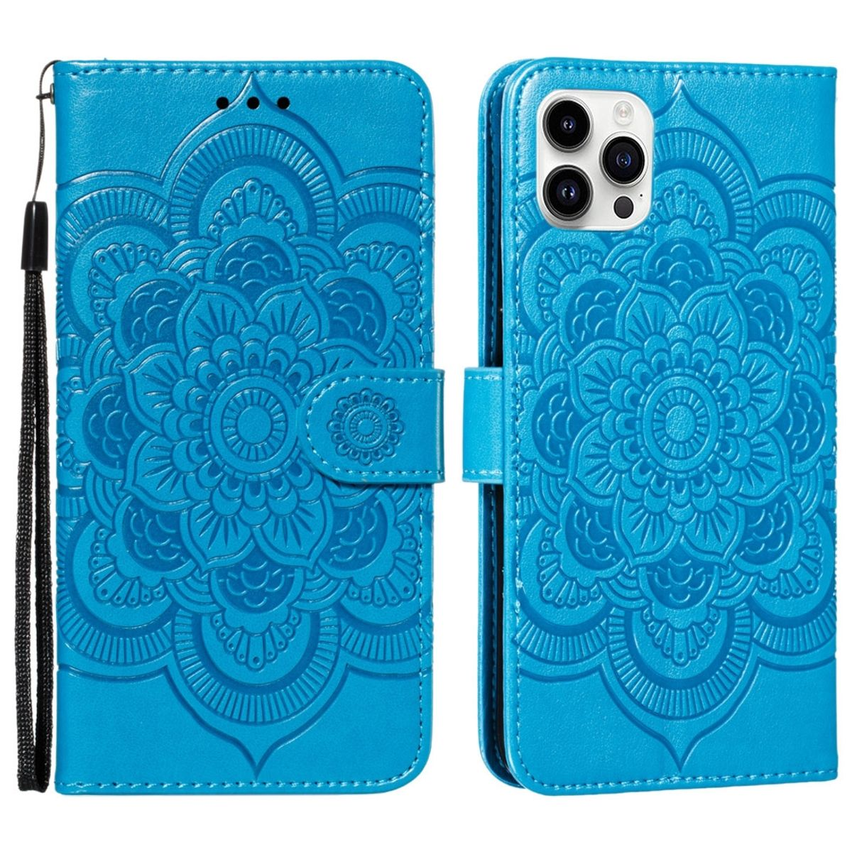 Eine blaue Handyhülle mit floralem Muster. Sie ist offen und zeigt ein Telefon im Inneren, auf weißem Hintergrund.