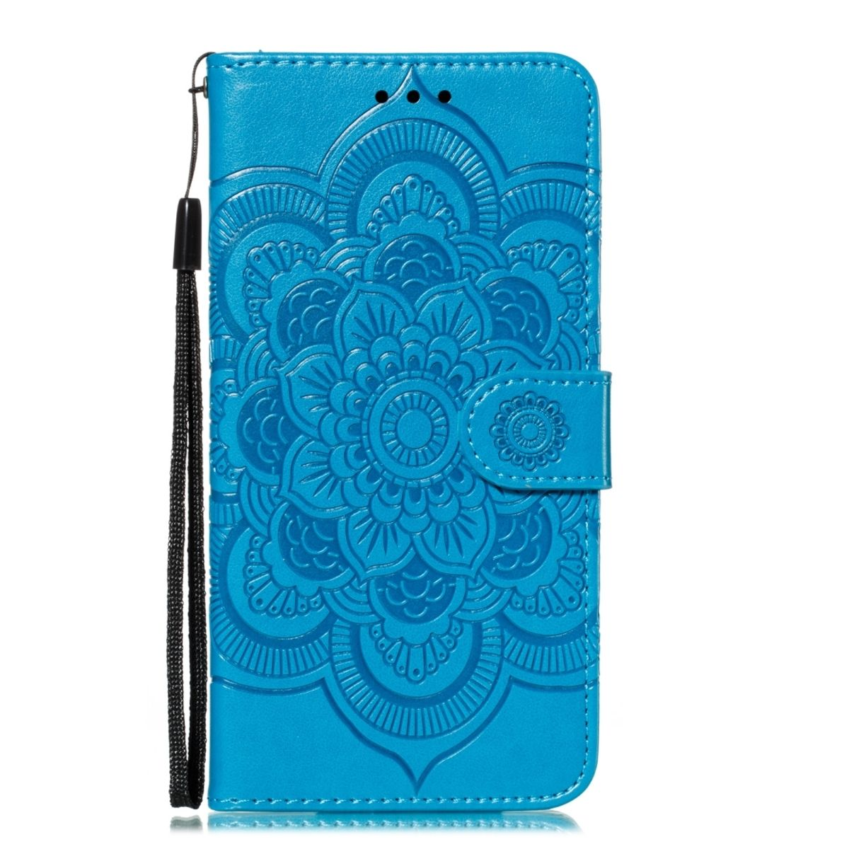 Eine blaue Handyhülle mit Blumenmuster und einer schwarzen Handschlaufe wird gezeigt.