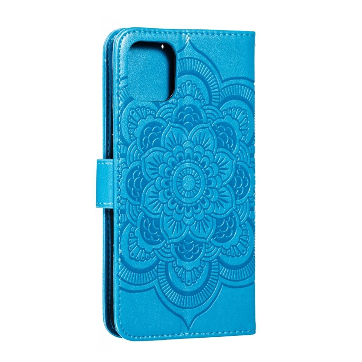 Eine blaue Handyhülle mit einem floralen Design.