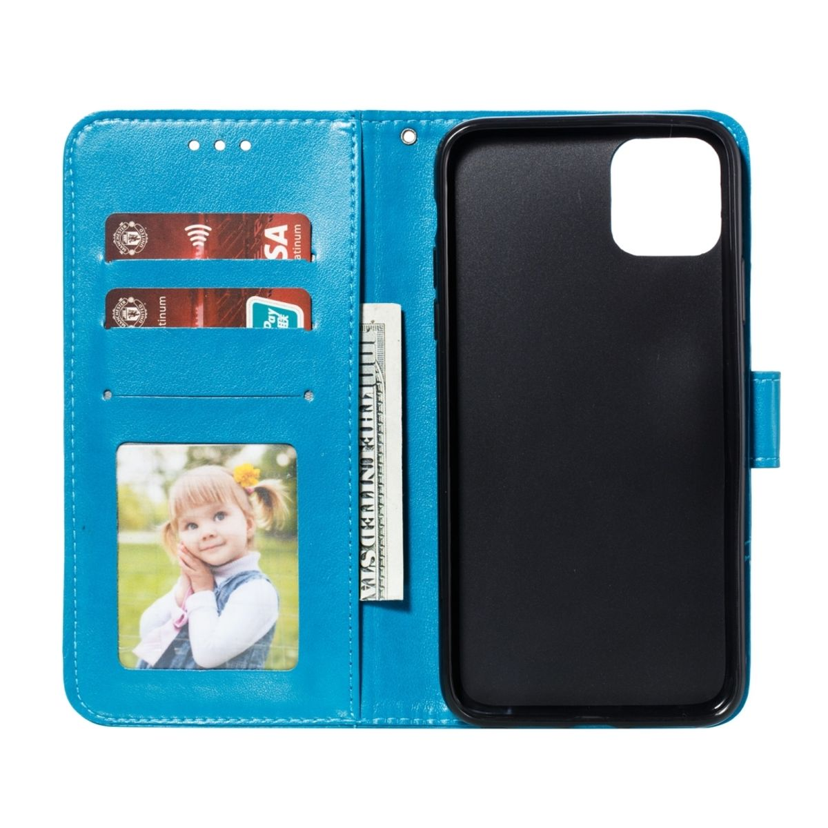 Eine türkisfarbene Handytasche mit Karten, Geld und einem Foto eines Mädchens.