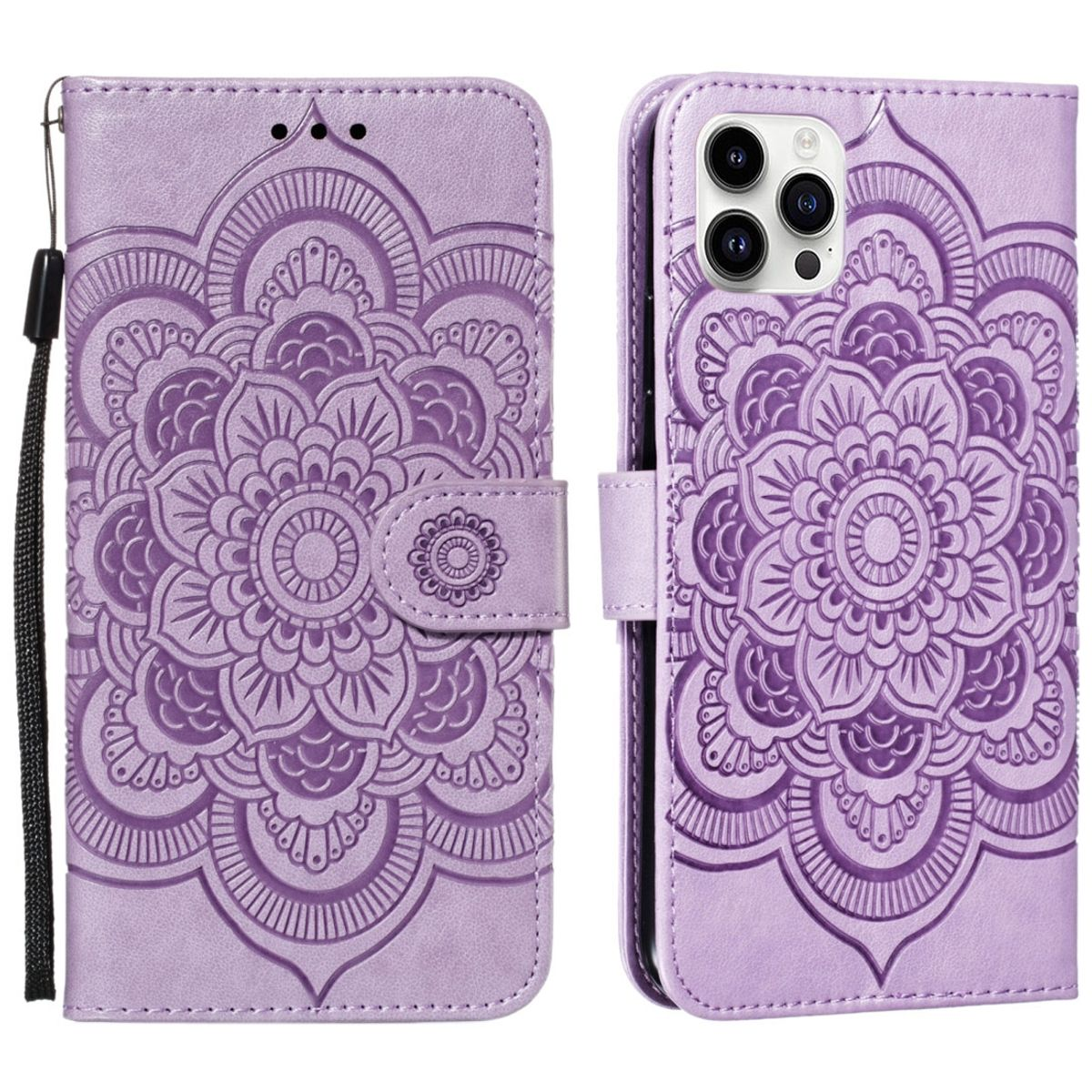 Eine lila Handyhülle mit Mandala-Design und Riemen, isoliert auf weißem Hintergrund.