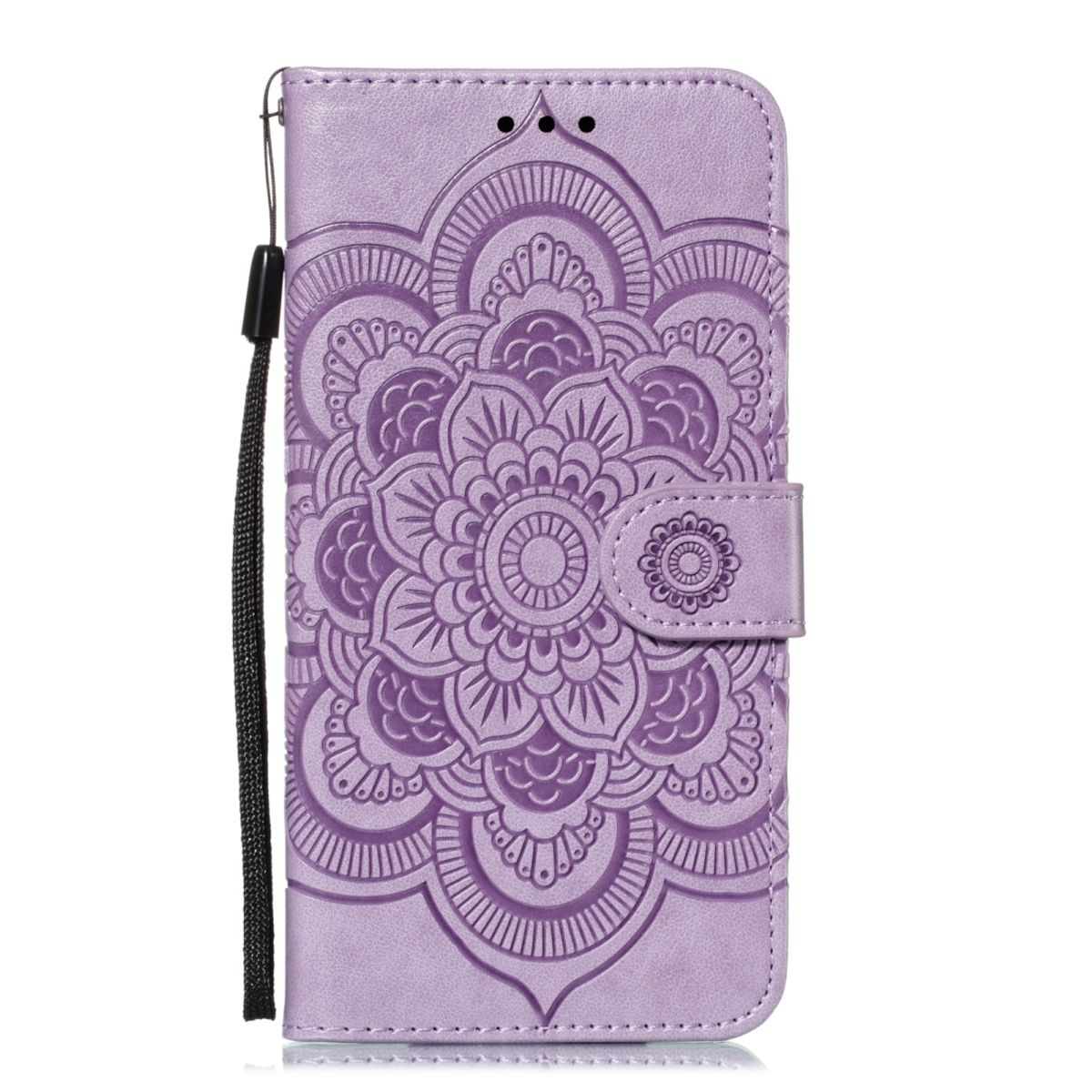 Eine lila Handyhülle mit Mandala-Design, mit Riemen und Schnappverschluss.