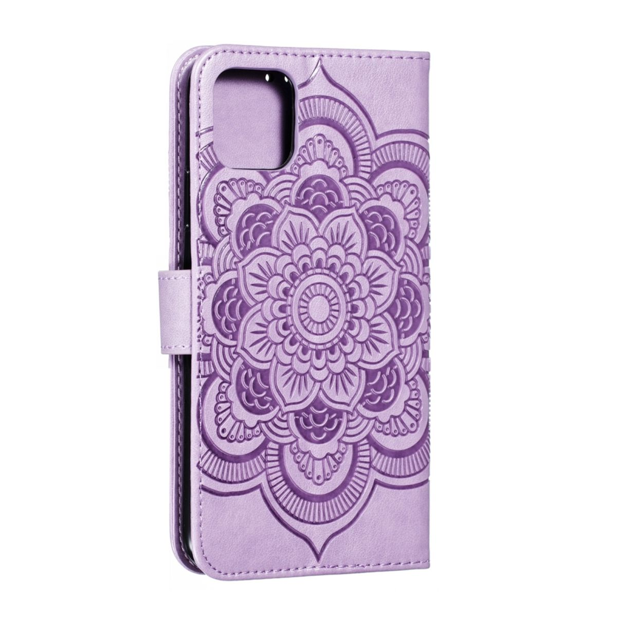 Eine lila Handyhülle mit Mandala-Design wird geöffnet gezeigt und das Innere gezeigt.