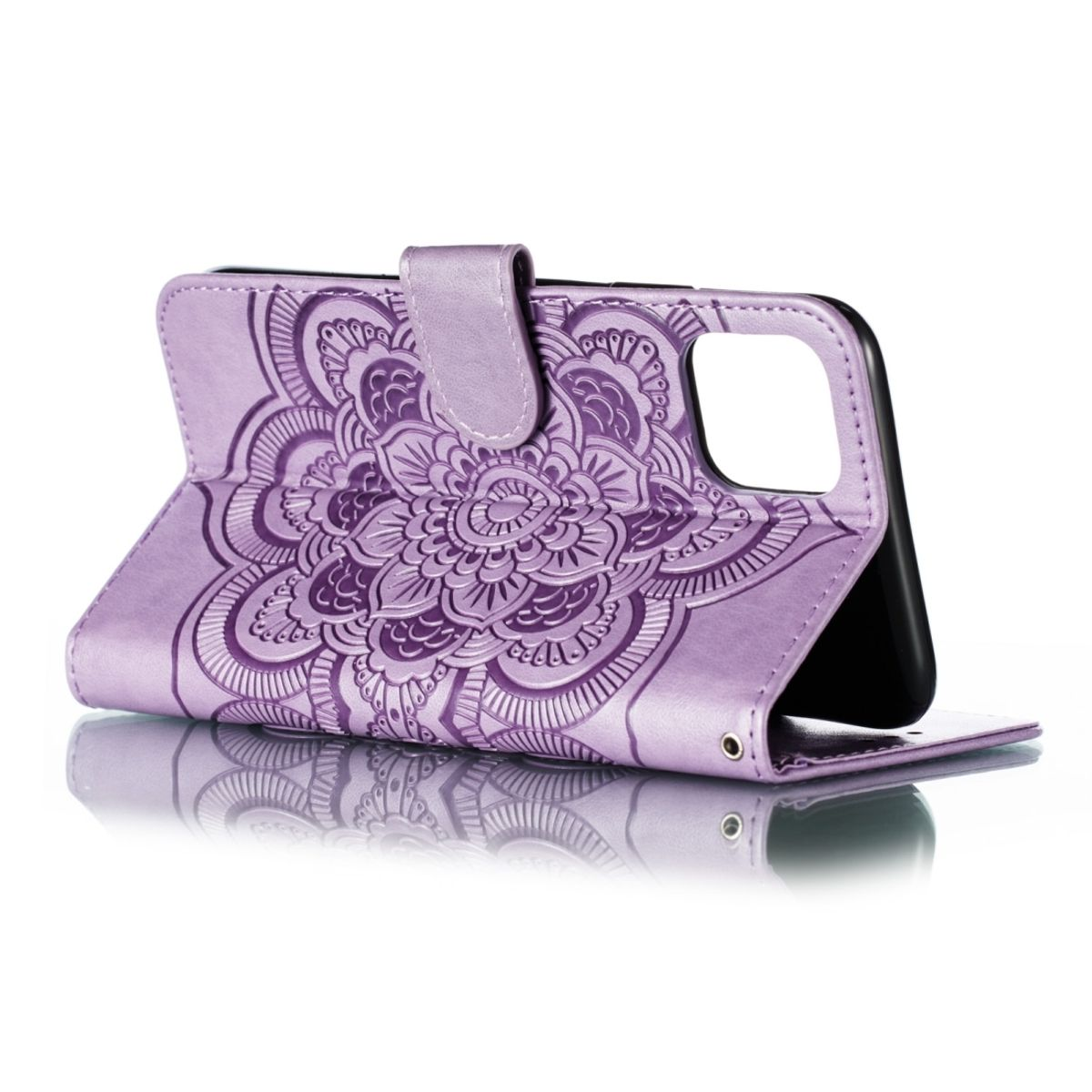 Lila Handyhülle mit geprägtem Blumendesign. Die Hülle ist geöffnet, mit einem Telefon darin.