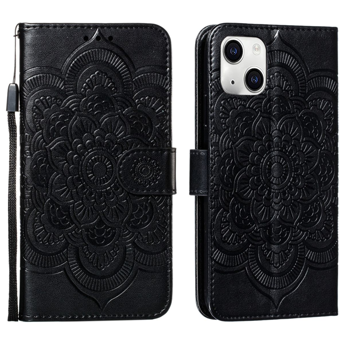 Schwarze Handy-Geldbörsenhülle mit Blumenmuster, geschlossen und offen. Inklusive Kartenfächer und Handschlaufe.