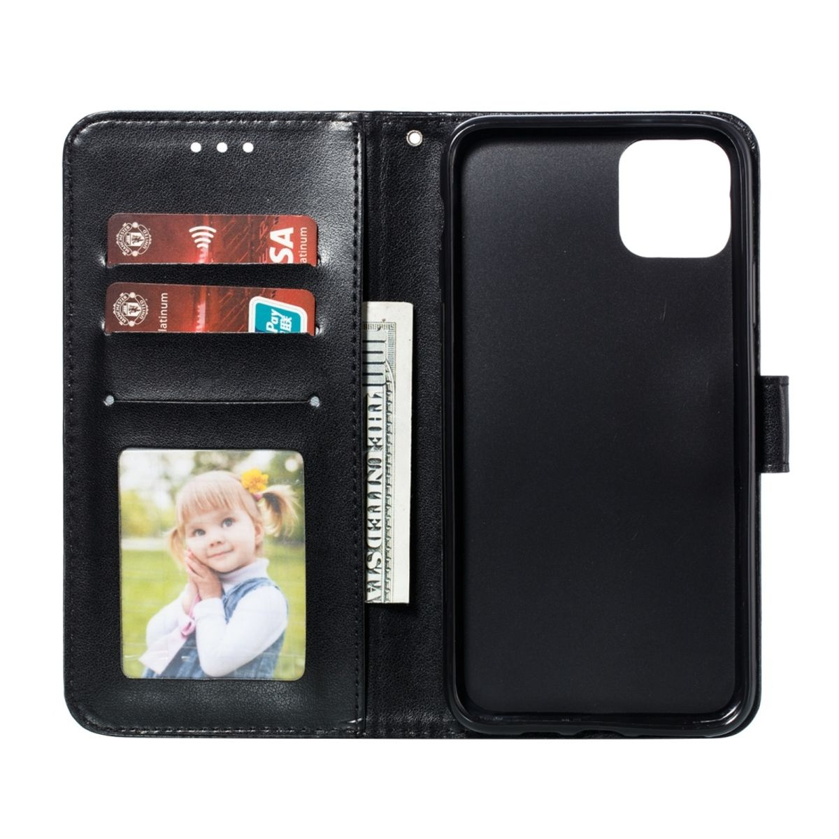 Schwarze Handyhülle mit Portemonnaie und Kinderfoto. Mit Kartenfächern und einem Geldschein.