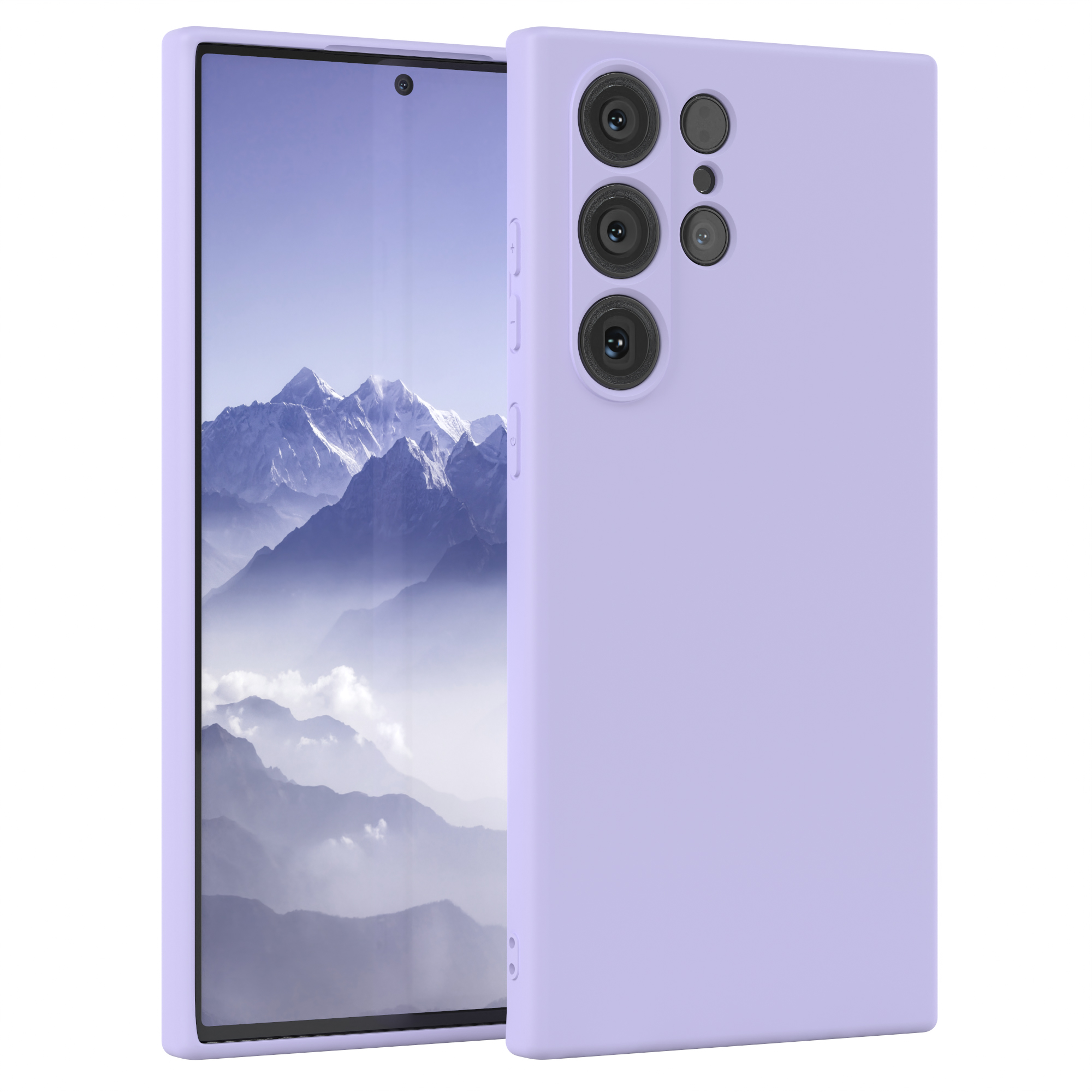 Lila Smartphone mit drei Rückkameras, neben seiner Schutzhülle stehend.