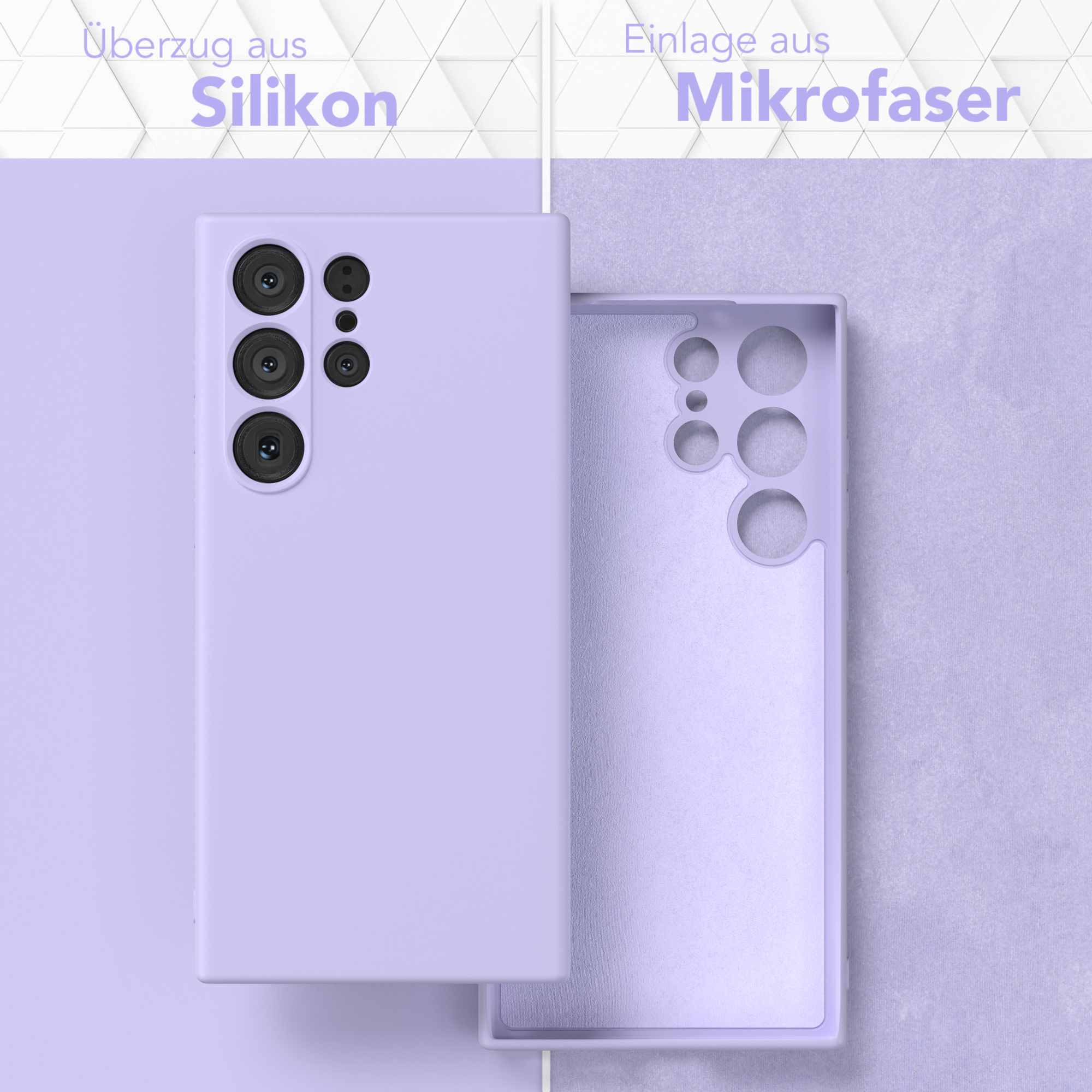 Lila Handyhülle mit Telefon und Innenseite.