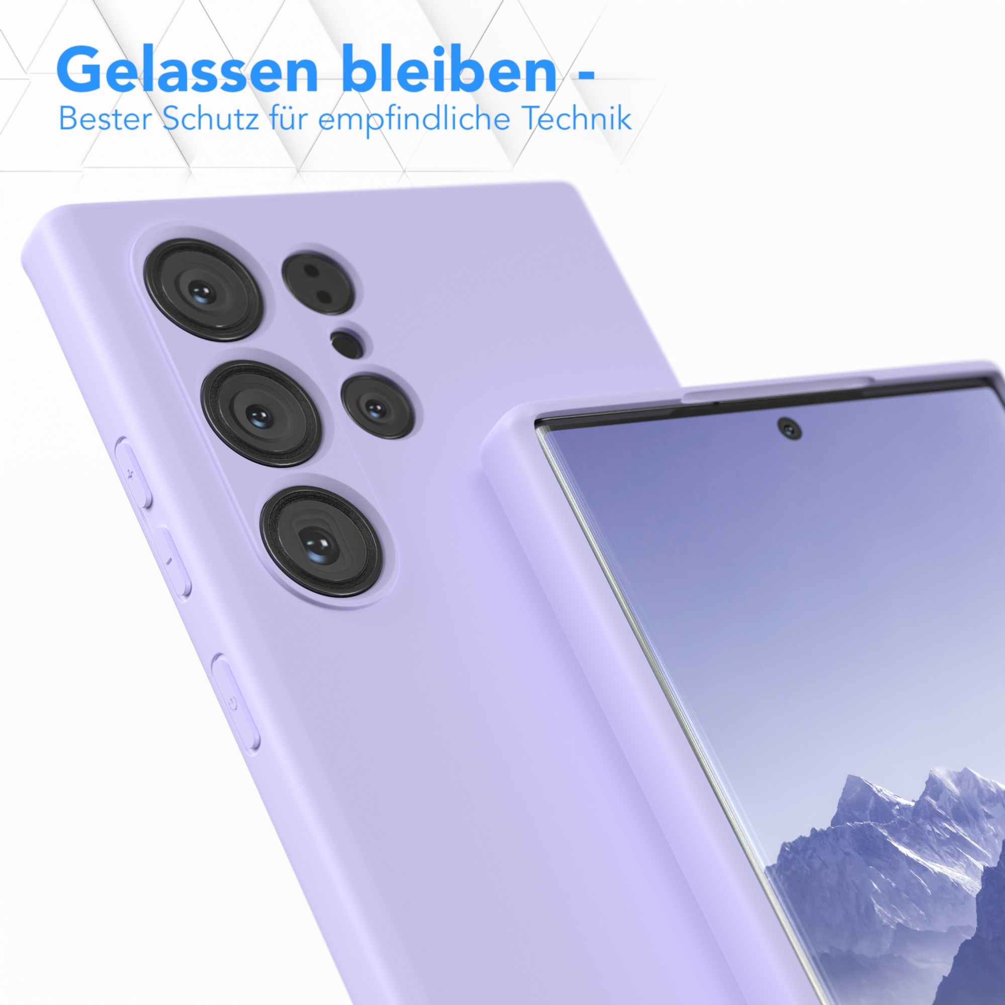 Lavendelfarbene Handyhülle schützt ein Telefon, Text auf Deutsch.