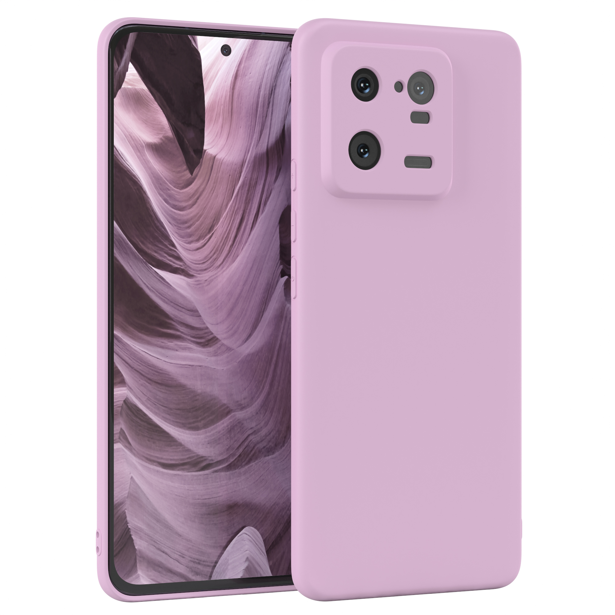 Rosa Telefon in rosa Hülle, zwei Kameras auf der Rückseite, heller Hintergrund.