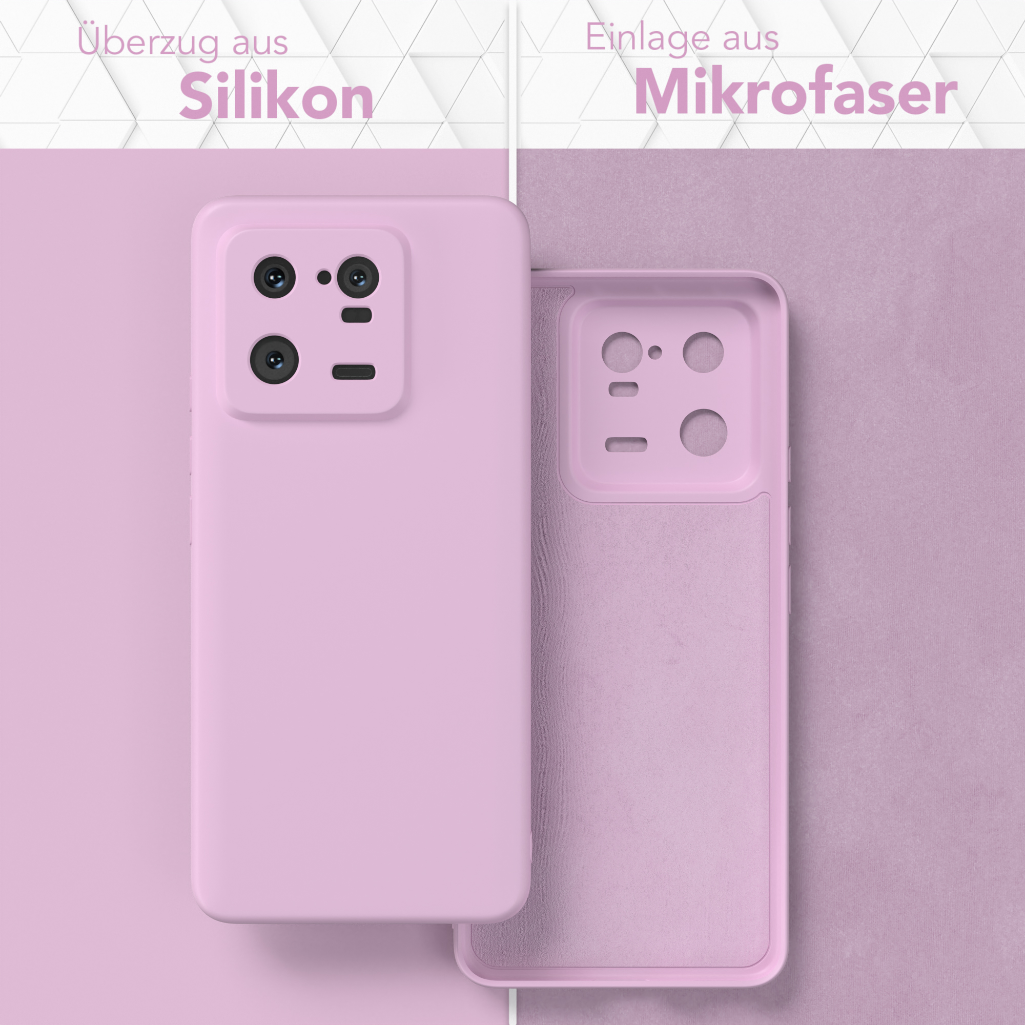 Rosa Handyhülle, Silikon außen und Mikrofaser innen, mit Aussparungen für die Kamera.