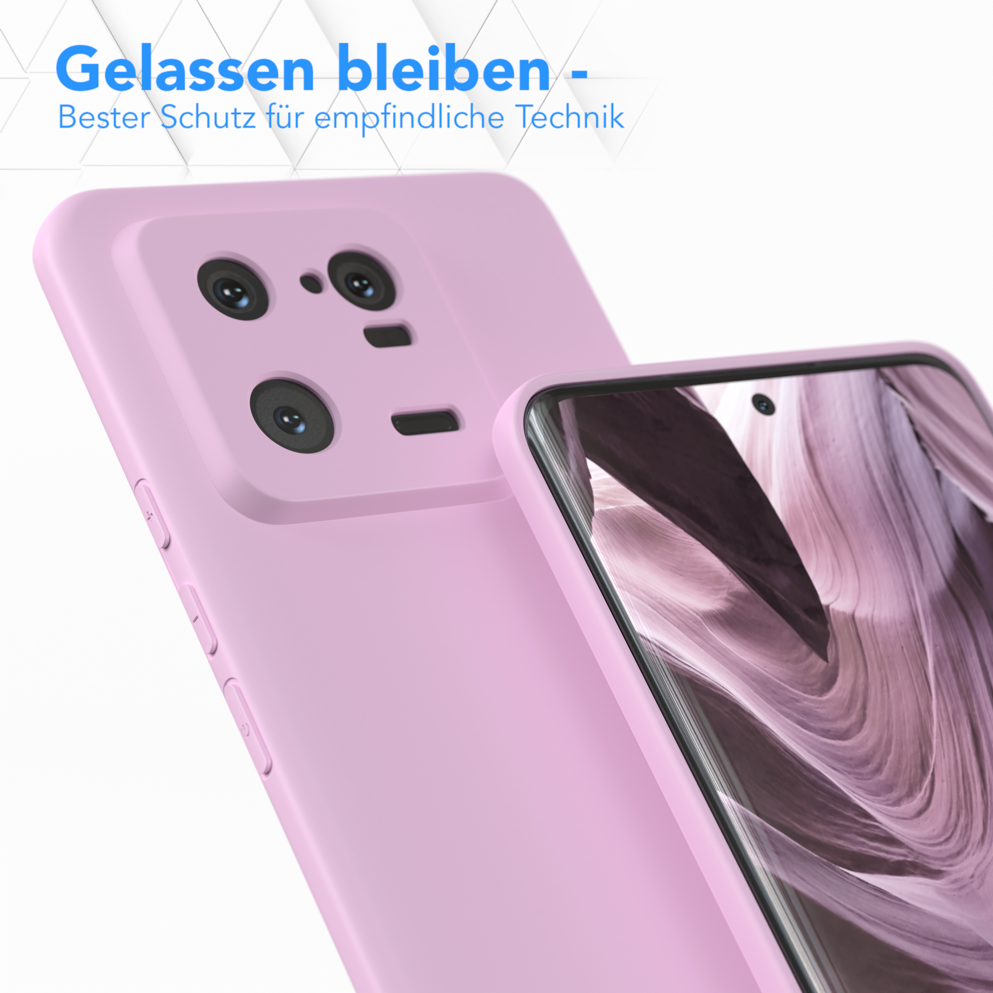 Eine hellviolette Handyhülle mit einer Kamera. Der Text sagt: „