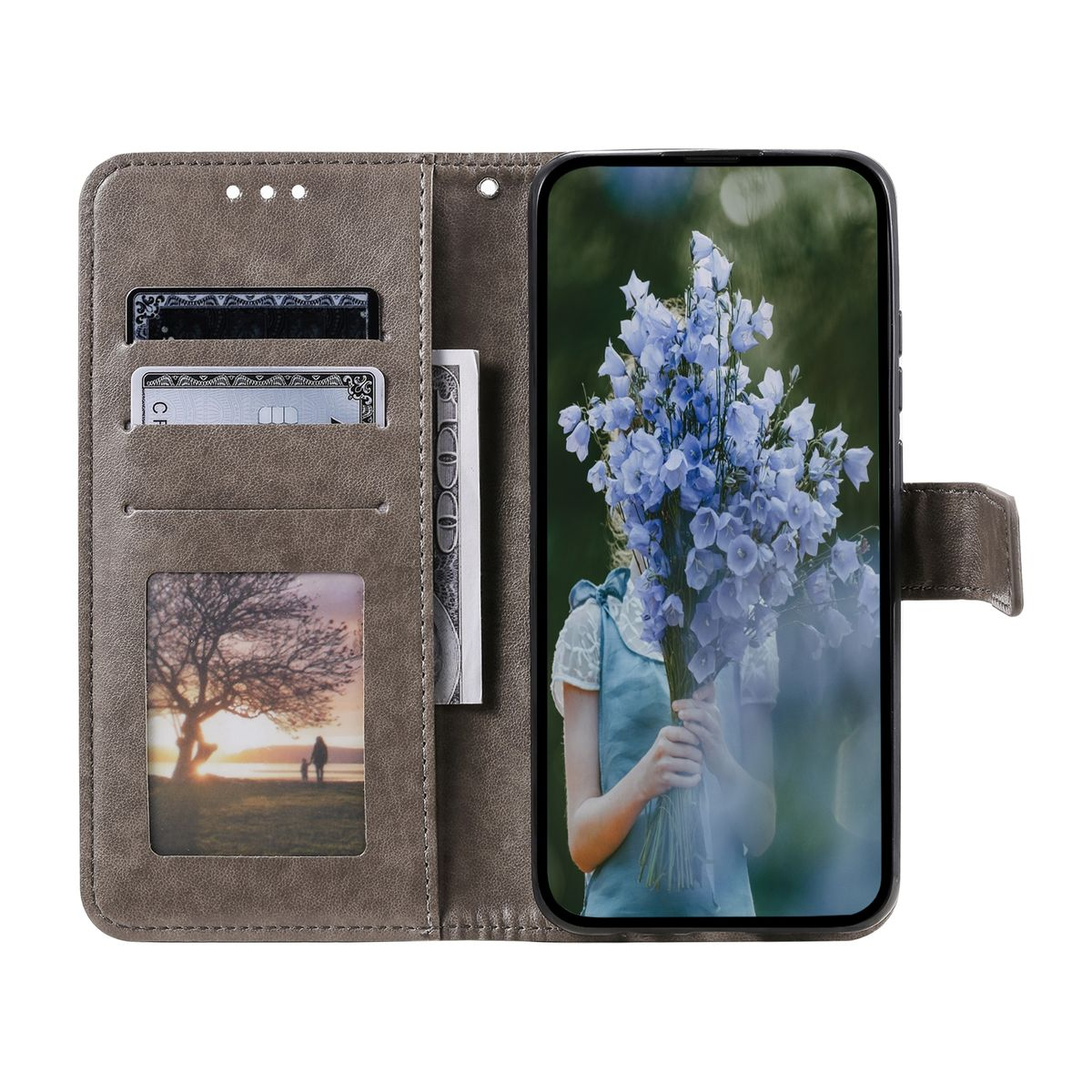 Ein Telefon in einer grauen Brieftaschenhülle, die eine Frau mit Blumen, Karten und Bargeld zeigt.