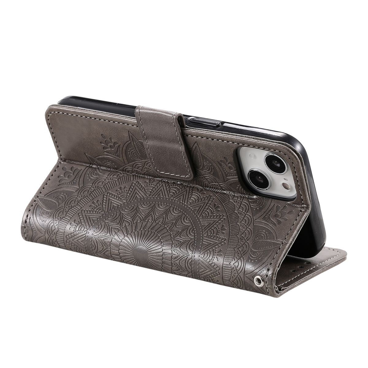 Graue Leder-Handyhülle, geöffnet, mit einem Telefon darin.