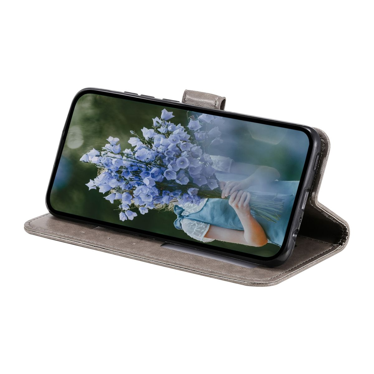 Telefon in grauem Gehäuse zeigt ein Blumenstrauß-Bild. Das Gehäuse ist offen.