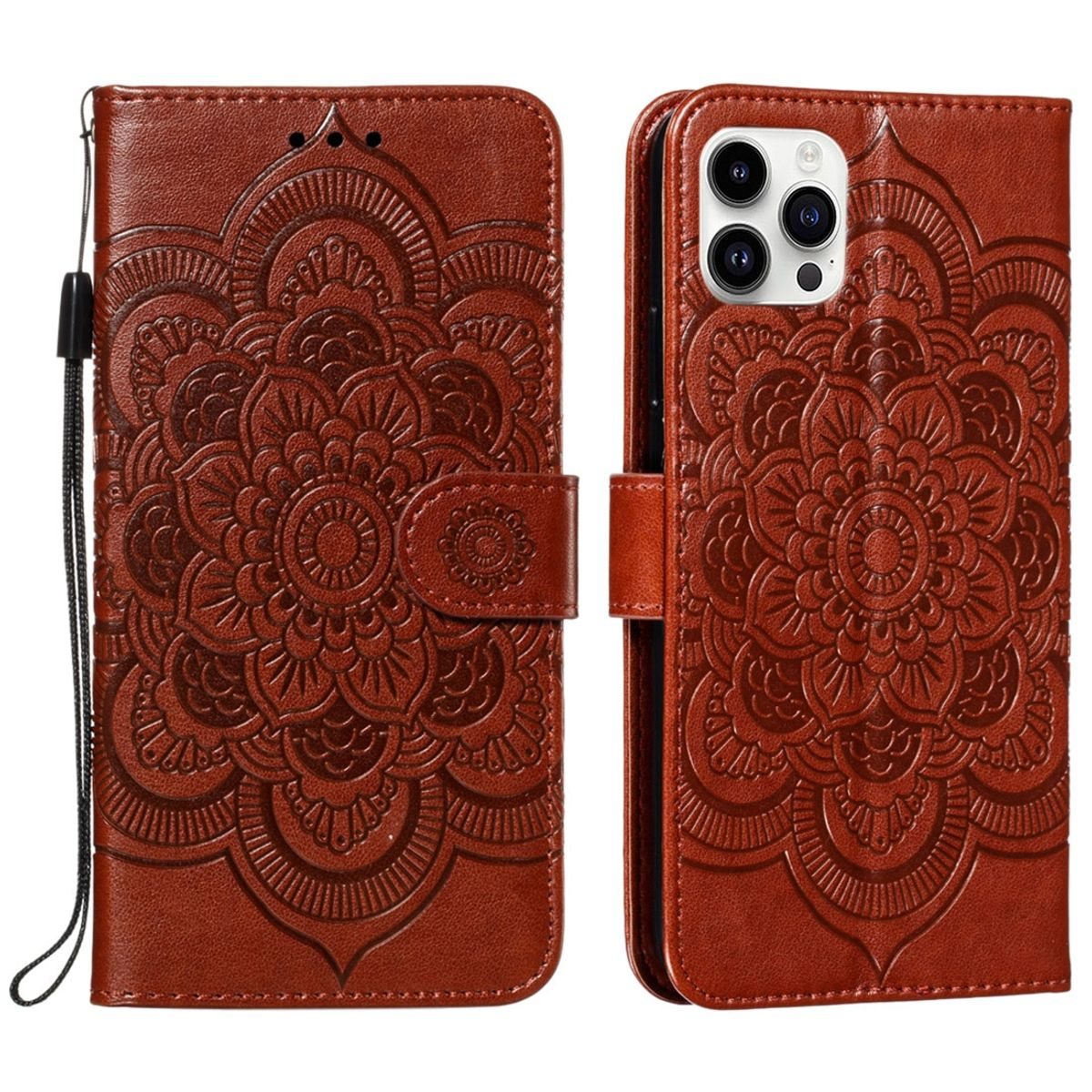 Eine braune Leder-Handyhülle mit Blumenmuster. Sie ist auf weißem Hintergrund geöffnet.