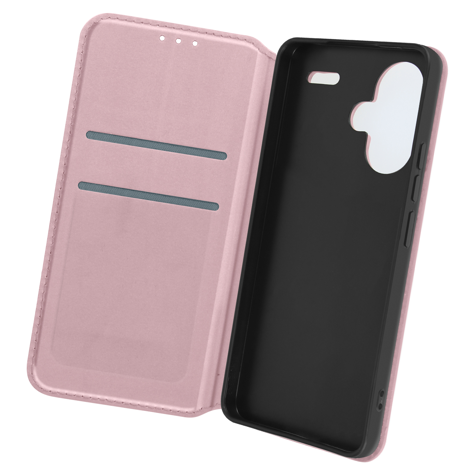 Custodia per telefono rosa, aperta, che mostra la custodia interna nera e gli slot per schede.