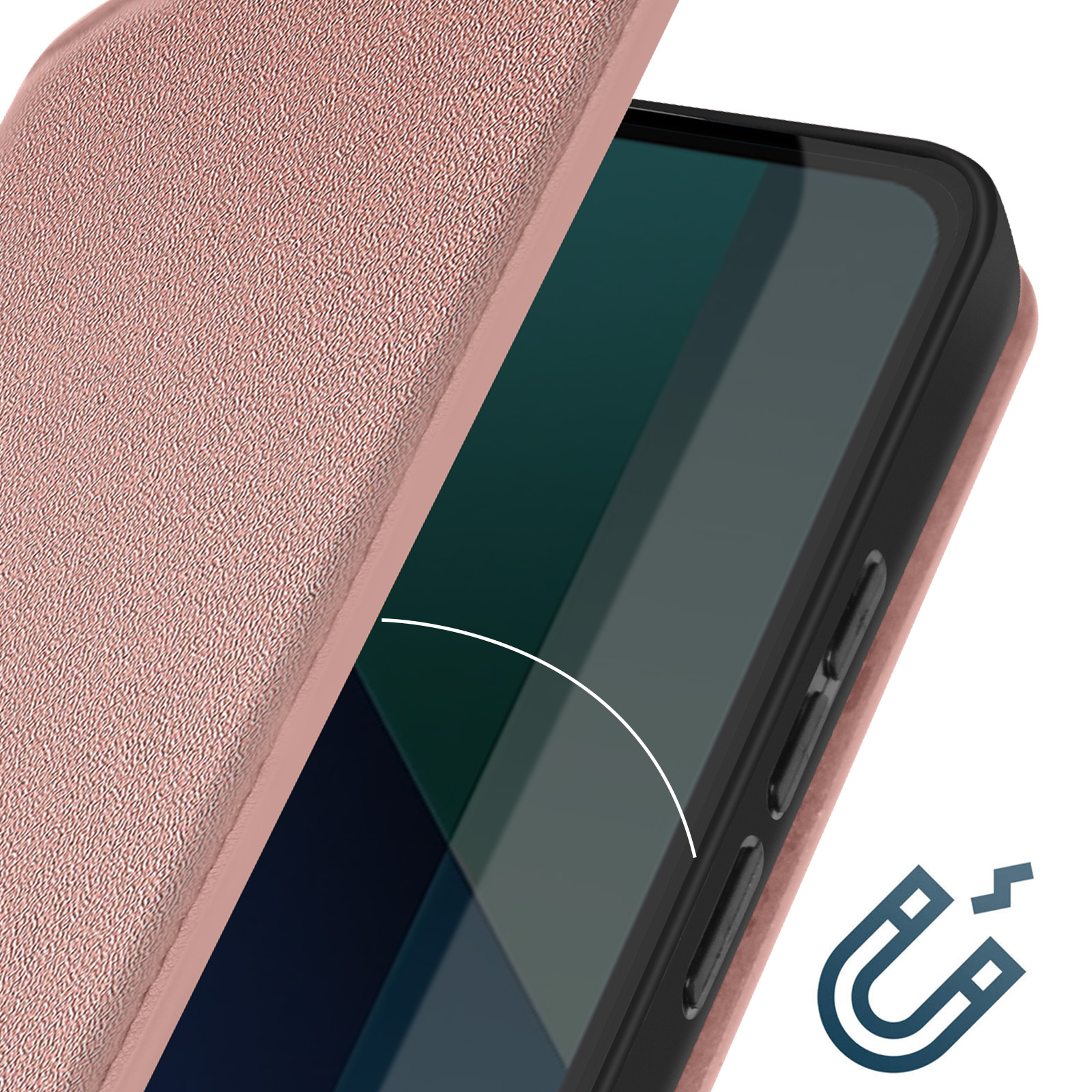 Una custodia rosa con un telefono all'interno, con un'icona magnetica in basso.