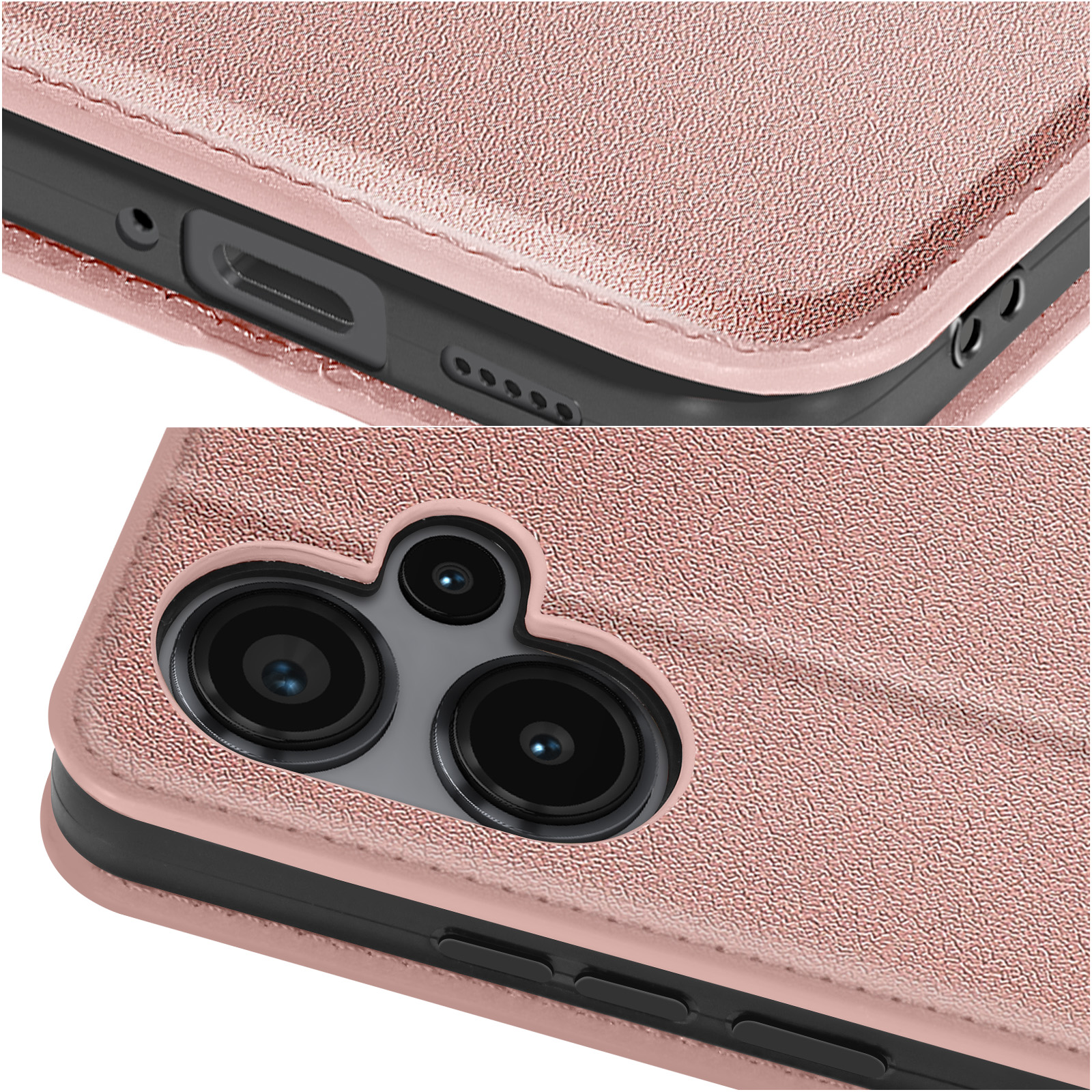 Primo piano di un telefono con custodia. Custodia rosa, più fotocamere. Profilo nero del telefono.