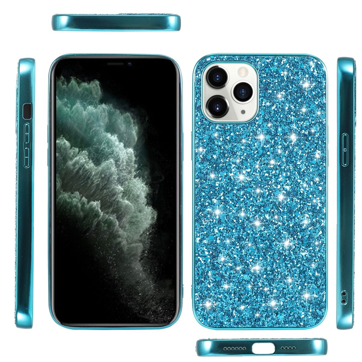 Blaue Glitzer-Handyhülle. Sie hat eine glänzende Oberfläche und ein Telefon im Inneren. Die Hülle hat Aussparungen.