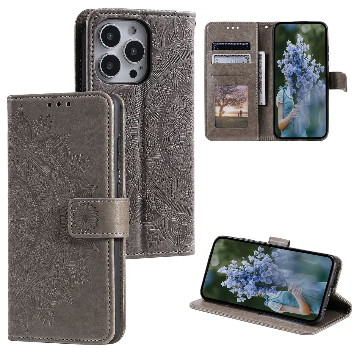 Graue Leder-Handyhülle mit Mandala-Design, offen mit Telefon mit Blumen und Kartenfächern.