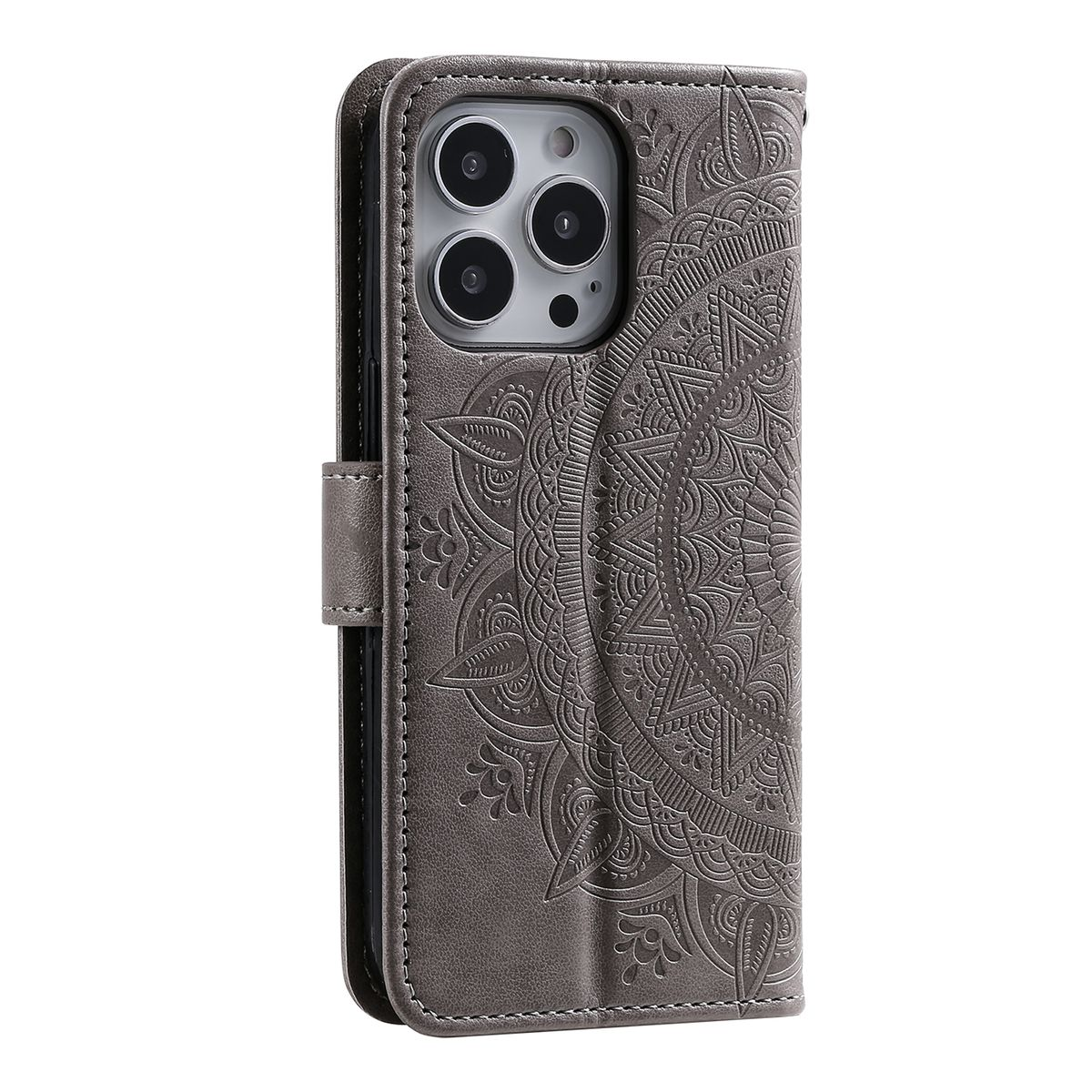 Graue Handyhülle, Mandala-Design. Geöffnet, mit Handy und Kartenfächern. Lederstruktur, Magnetverschluss.